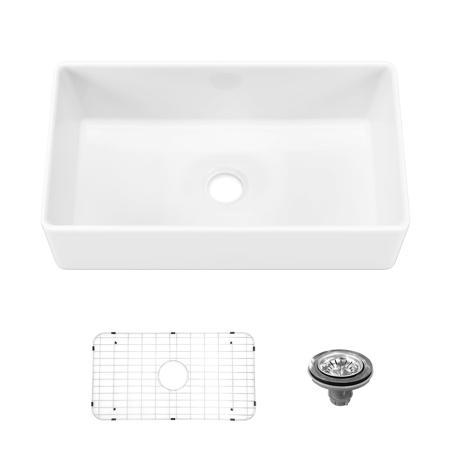 Sinber 33 Inch Farmhouse Apron Single Bowl Kitchen Sink with Fireclay White Finish 2 Accessories