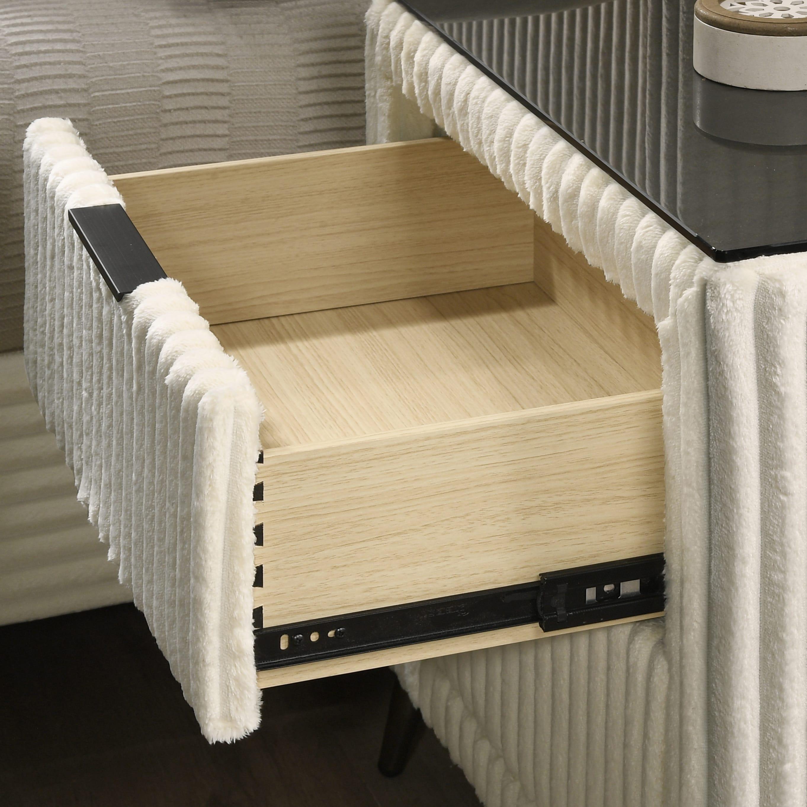 Roundhill Furniture Mavela Wide-wale Corduroy Upholstery Panel Bed with 2 Nightstands and Bench Cream Queen