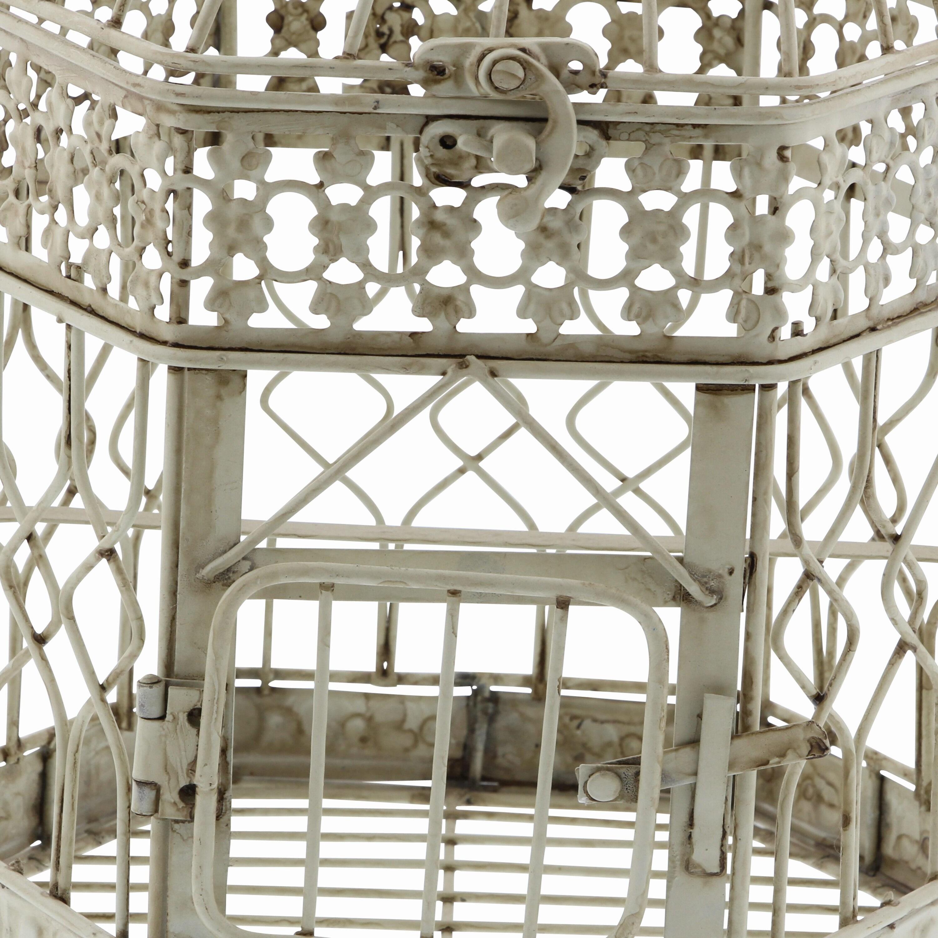 DecMode Cream Vintage Metal Birdcage with Crisscross Vertical Bars and Floral Embossed Design, Set of 2 21", 18"H