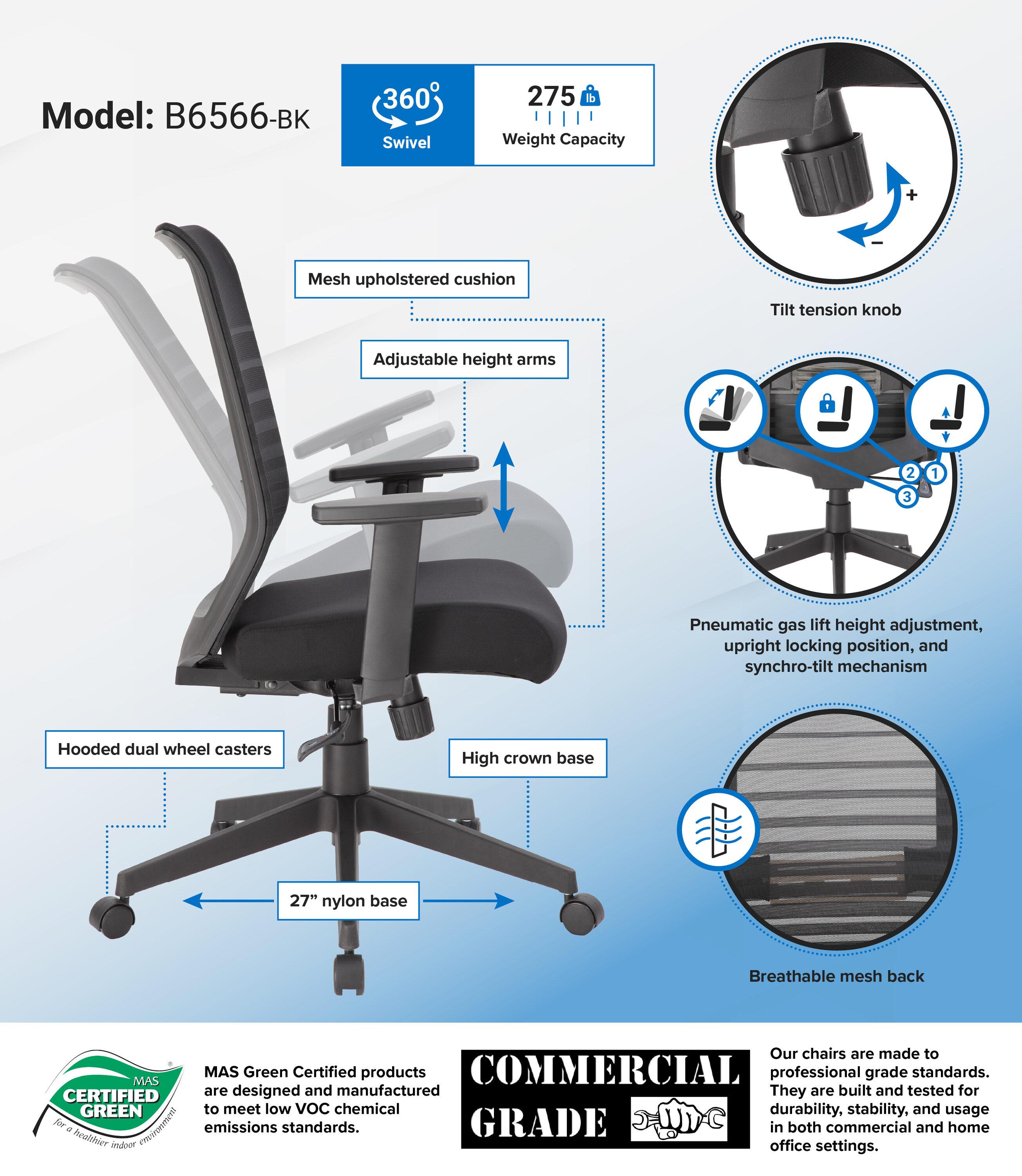 Linear Mesh Task Chair Black - Boss Office Products: Synchro-Tilt, Adjustable Arms, 275lbs Capacity