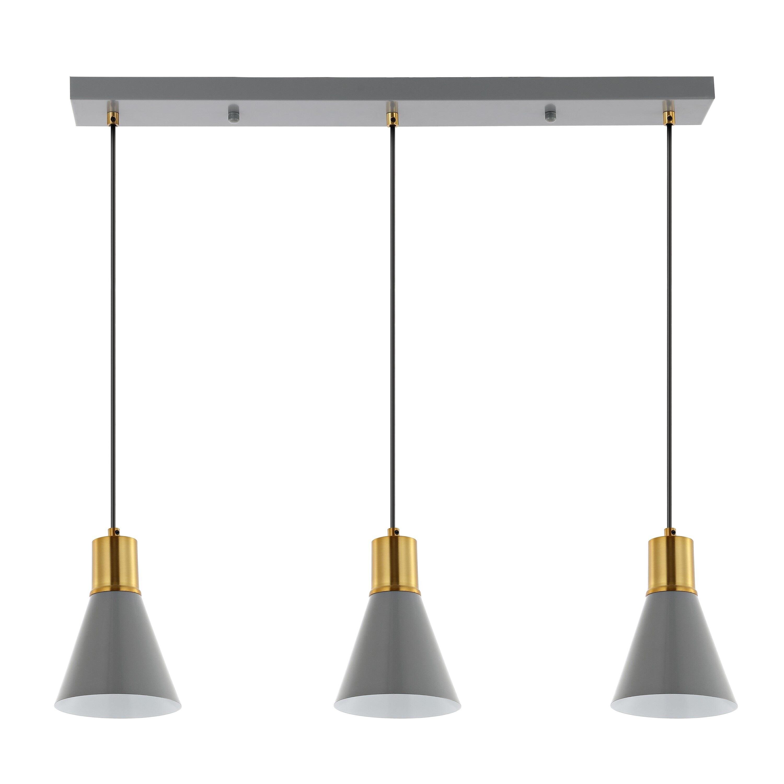 Apollo 33.5" 3-Light Mid-Century Modern Iron Adjustable Linear LED Pendant, Gray/Brass Gold