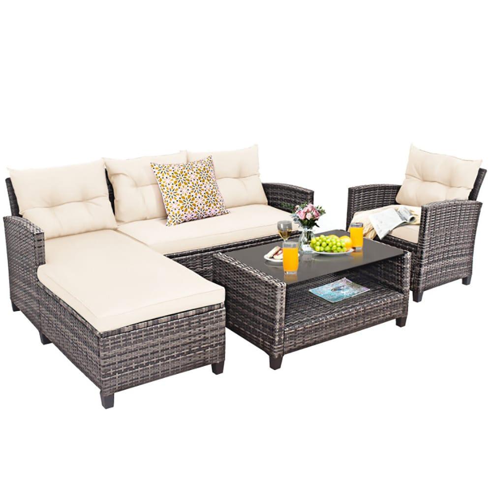 Costway 4PCS Patio Rattan Furniture Set Sofa Ottoman Cushion Garden Deck White