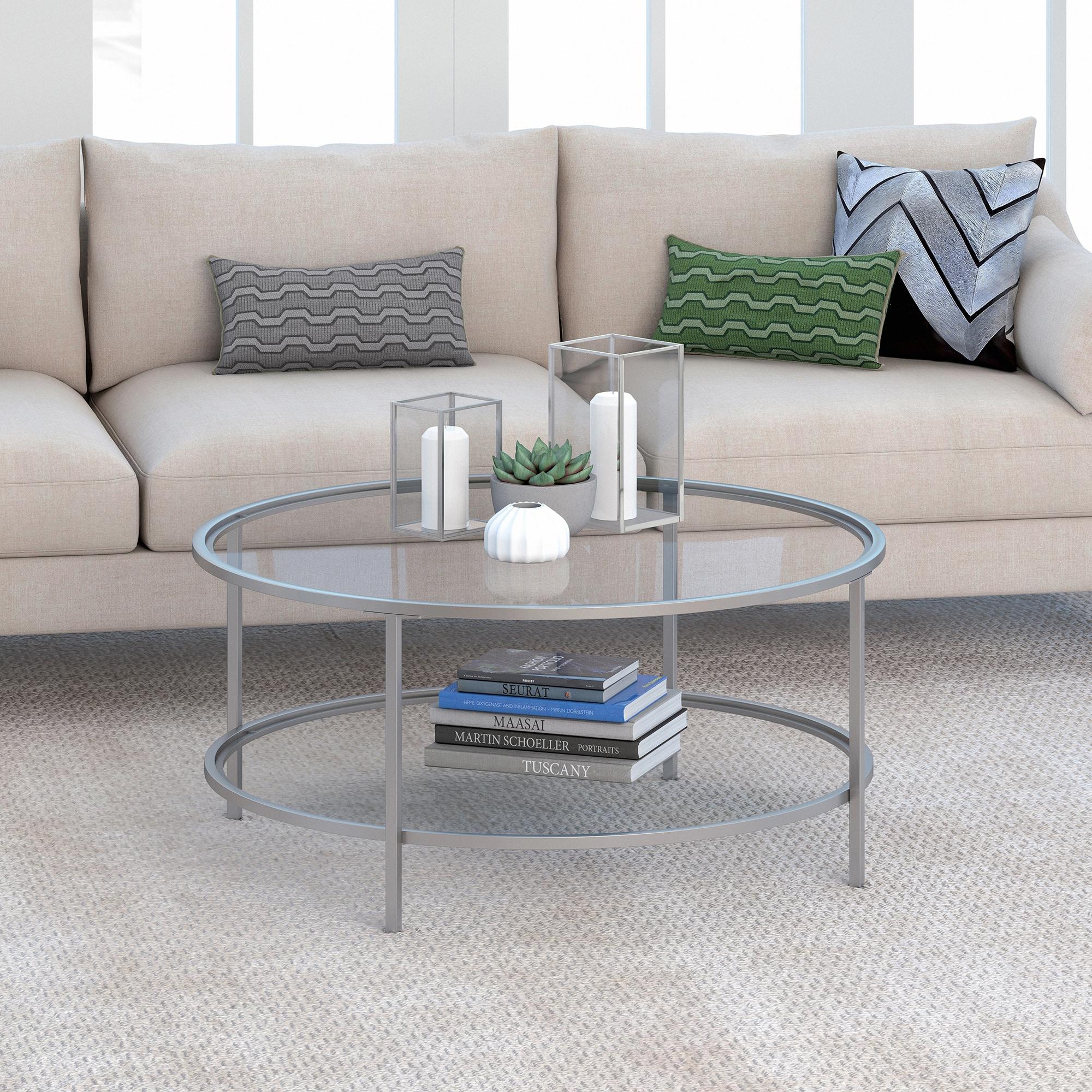 Round Nickel and Glass Coffee Table with Shelf