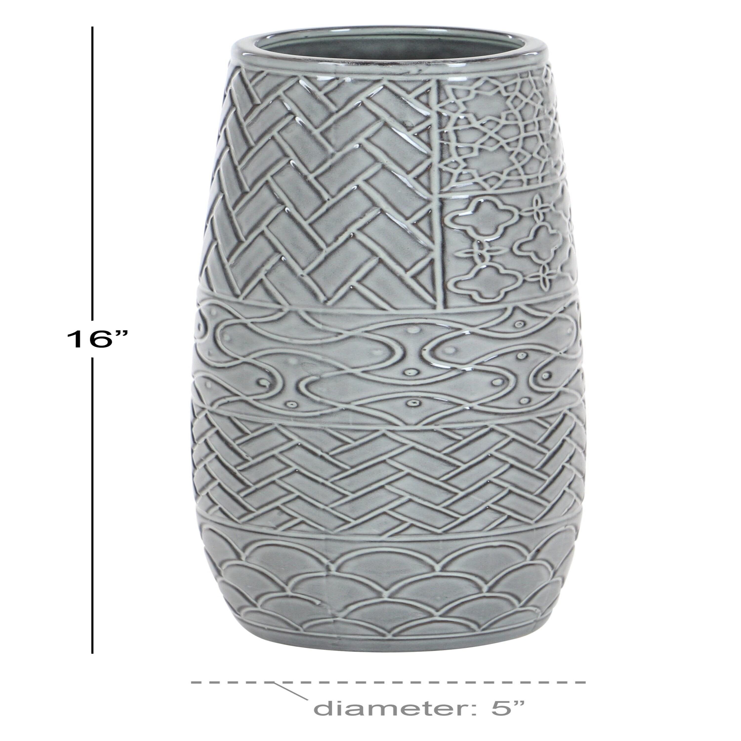 Ceramic Slim Engraved Patterned Decorative Gray Vase