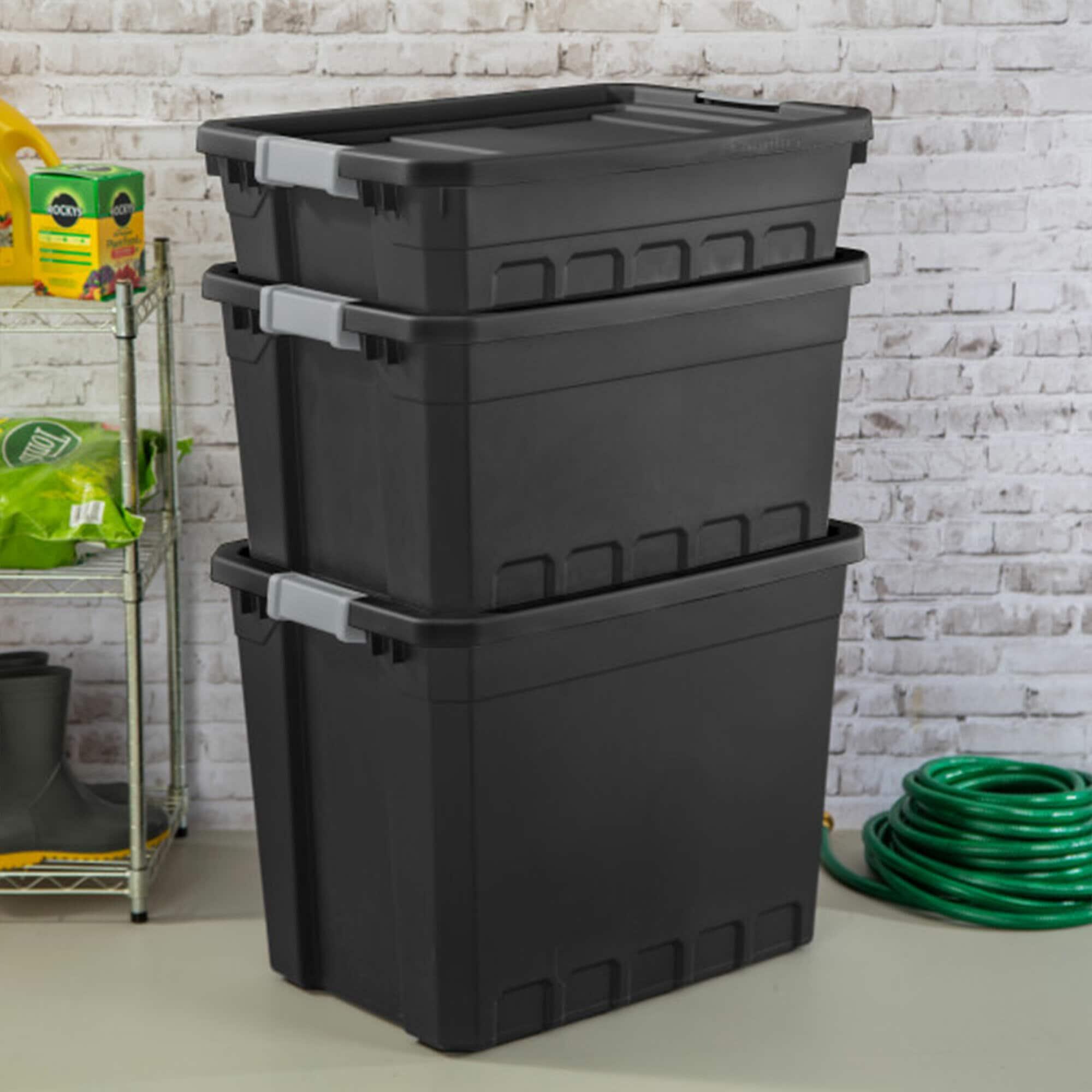 Sterilite 19 Gallon Plastic Stacker Tote, Heavy Duty Lidded Storage Bin Container for Stackable Garage and Basement Organization, Black, 12-Pack