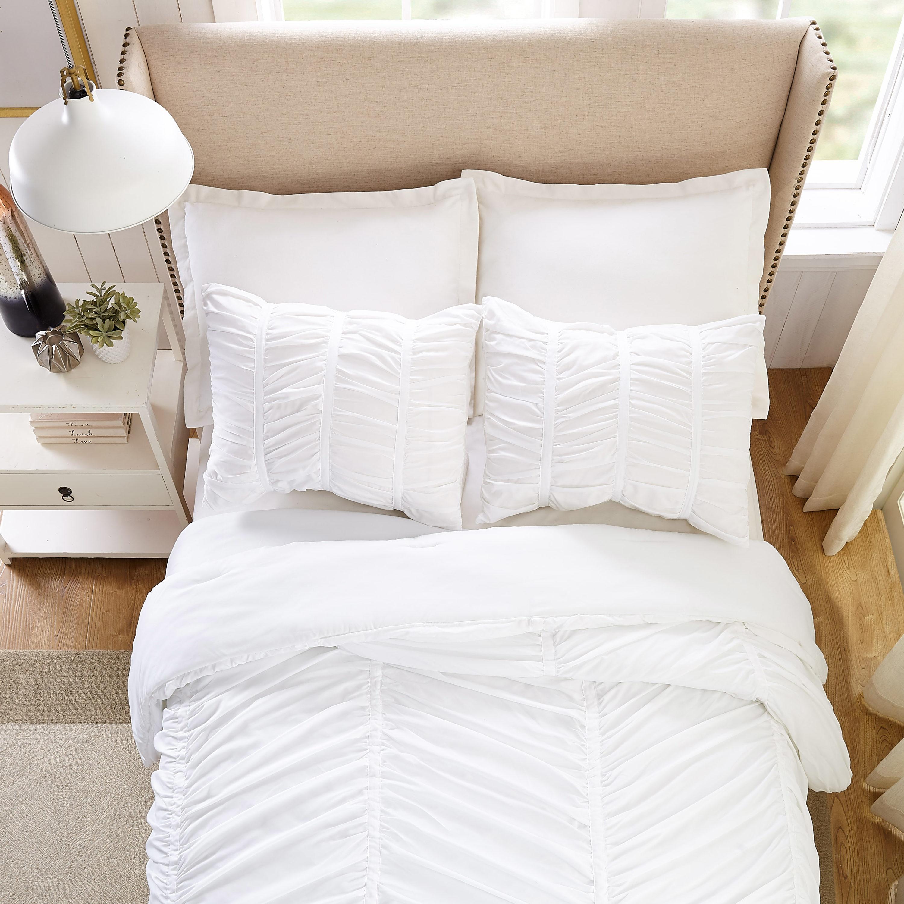 Emily Texture (White) 2-Piece Comforter Set, Ruched All Seasons Bedding, Machine Washable - Twin/Twin XL Size