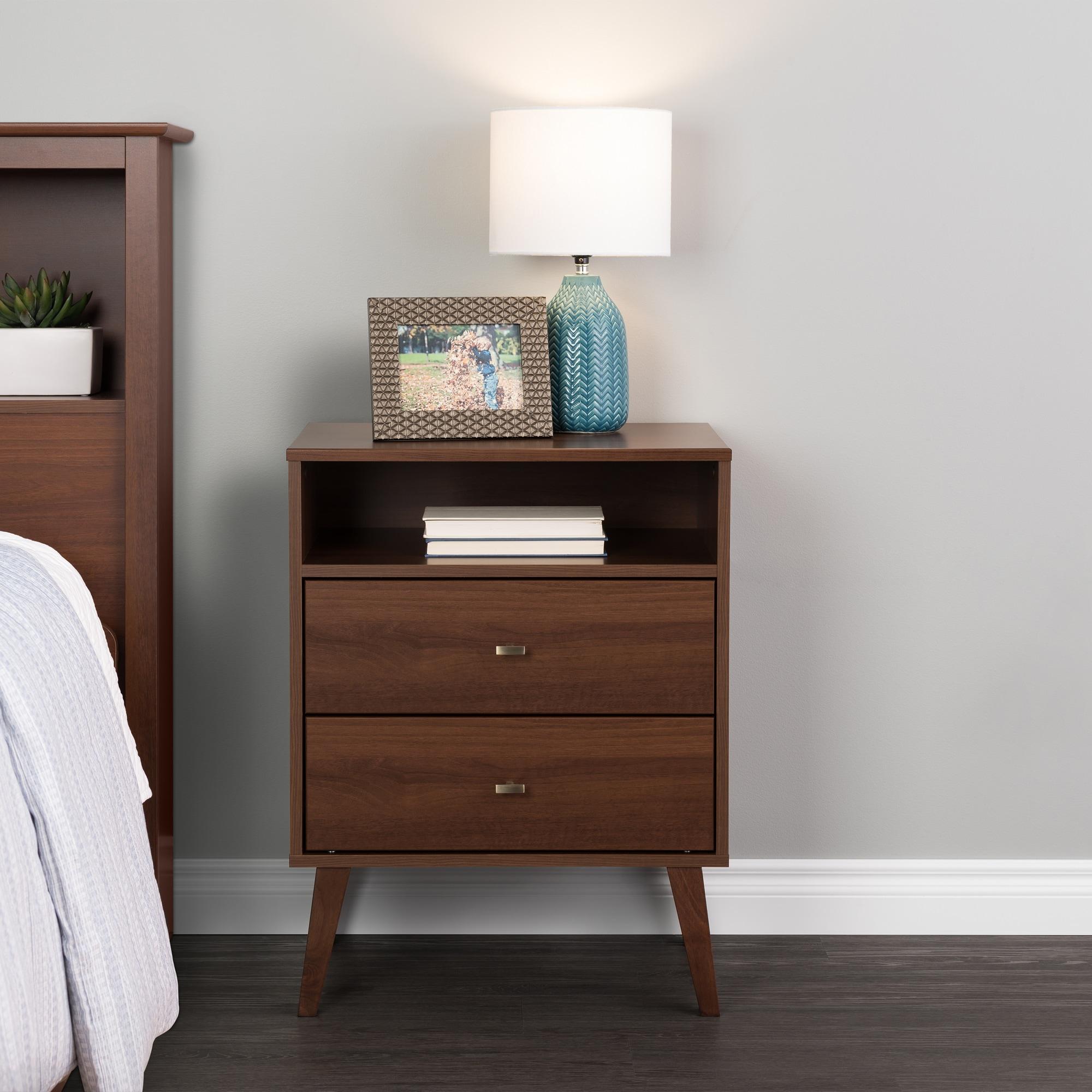 Prepac Milo Mid-Century Modern 2 Drawers Tall Nightstand with Shelf Cherry: Laminated, MDF, Metal Hardware