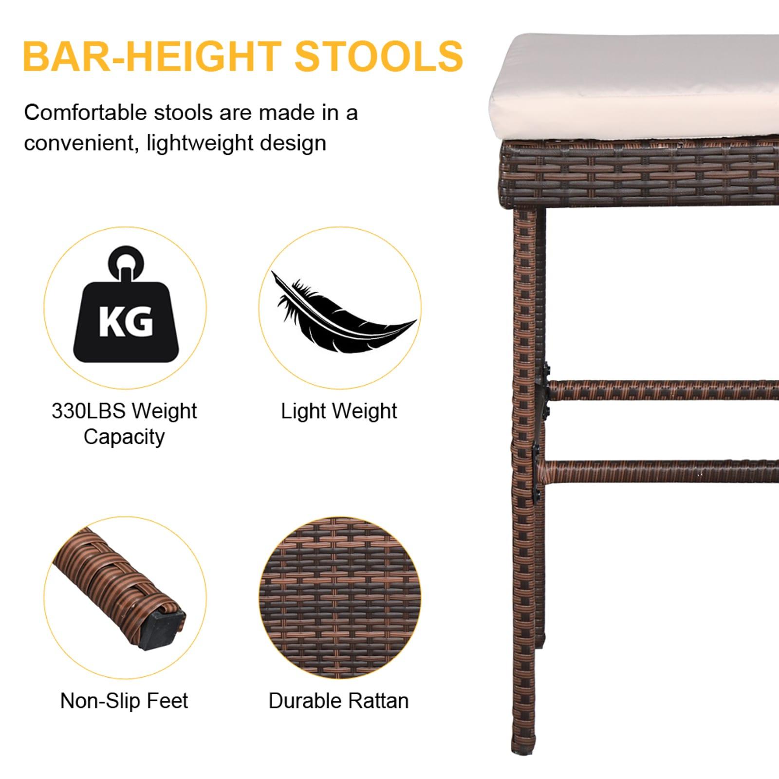 GoDecor 3 pcs Patio Outdoor Rattan Wicker Bar Set, Brown, Wicker Bistro Set with 2 Bar Stools and 1 Wicker Bar Table, Brown