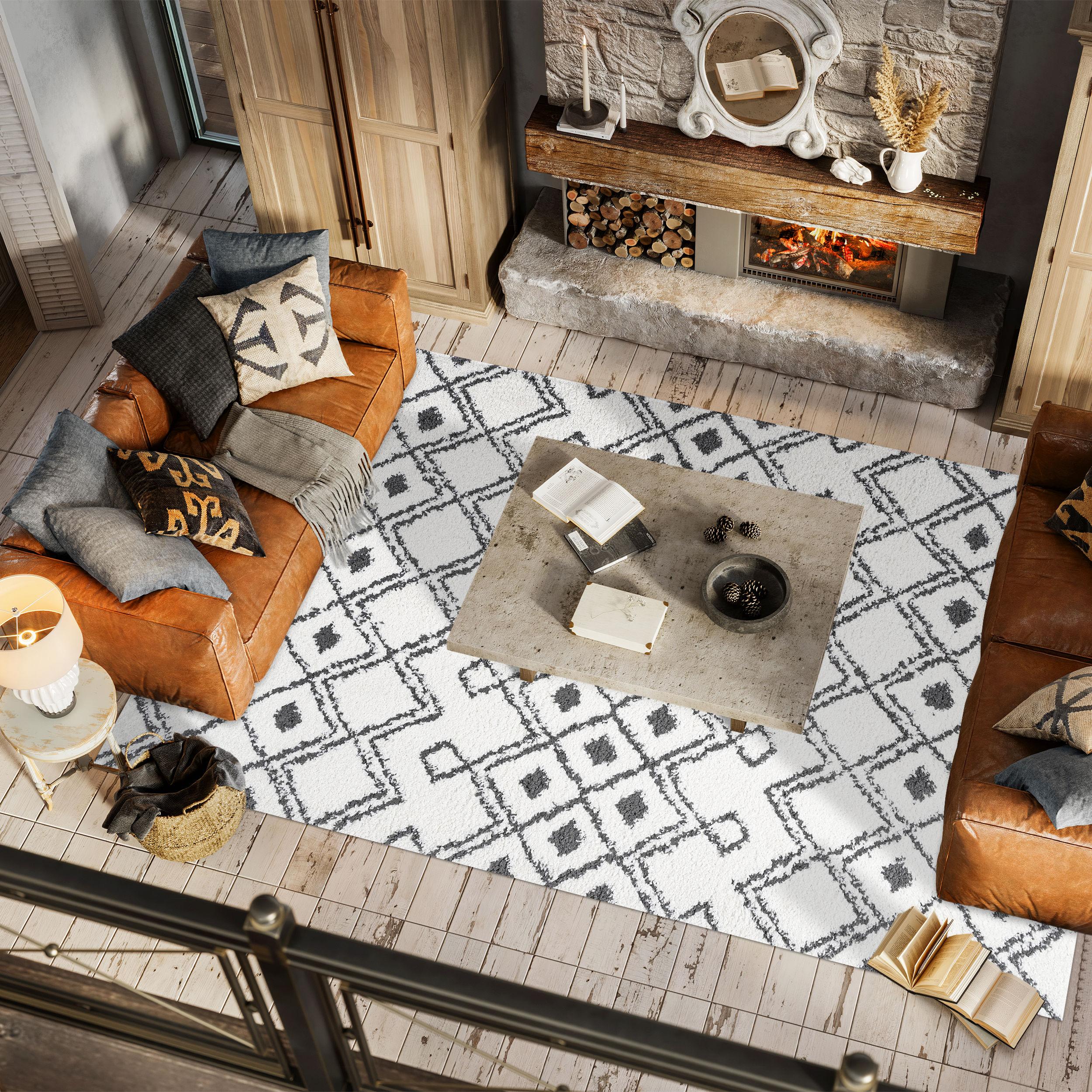 3'x5' Caimari Moroccan Diamond Shag Area Rug, White/Black - JONATHAN Y