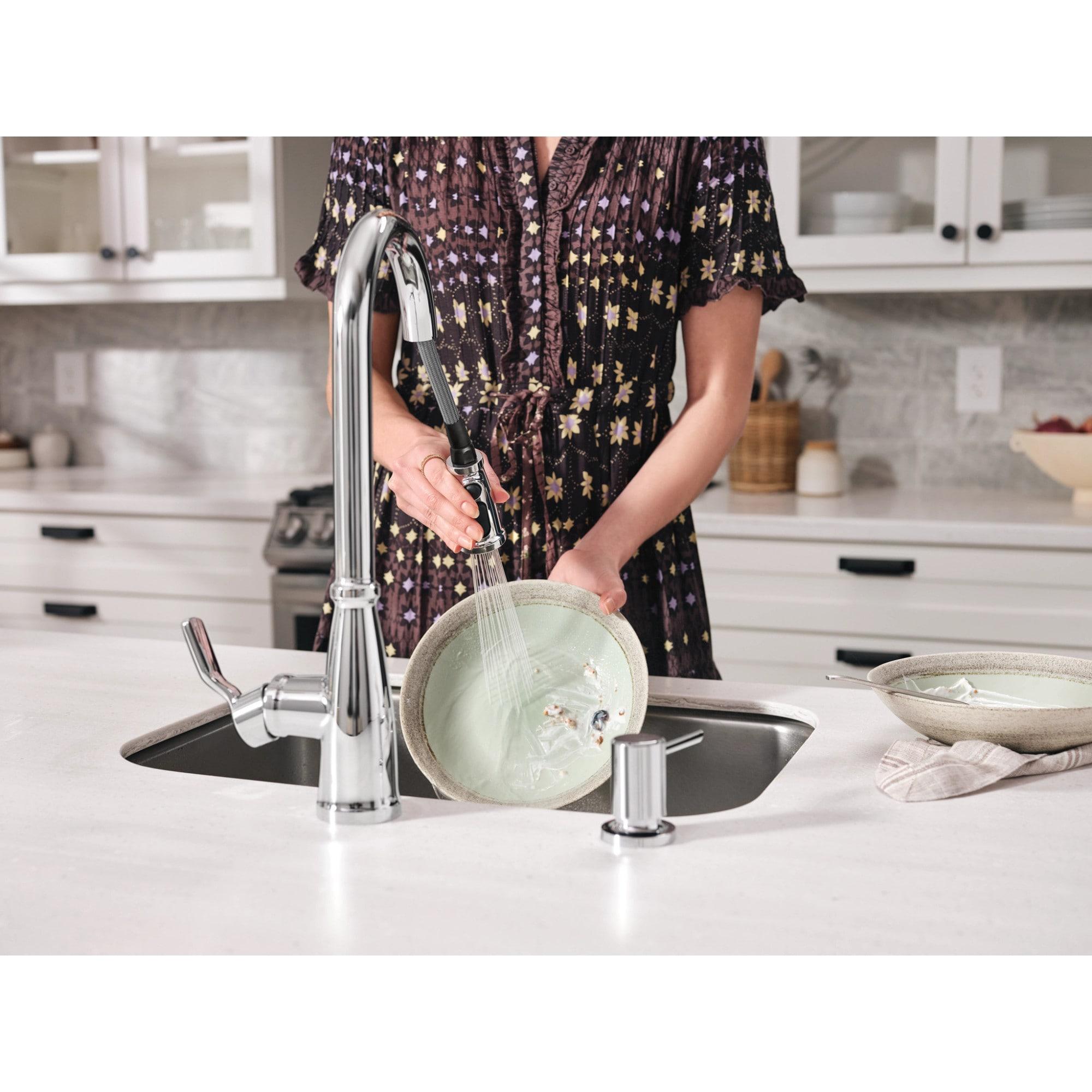 Moen Nolia Chrome One-Handle High Arc Kitchen Faucet with Pull Down Sprayer and Soap Dispenser, Kitchen Sink Faucet Featuring Power Boost Technology, 87071