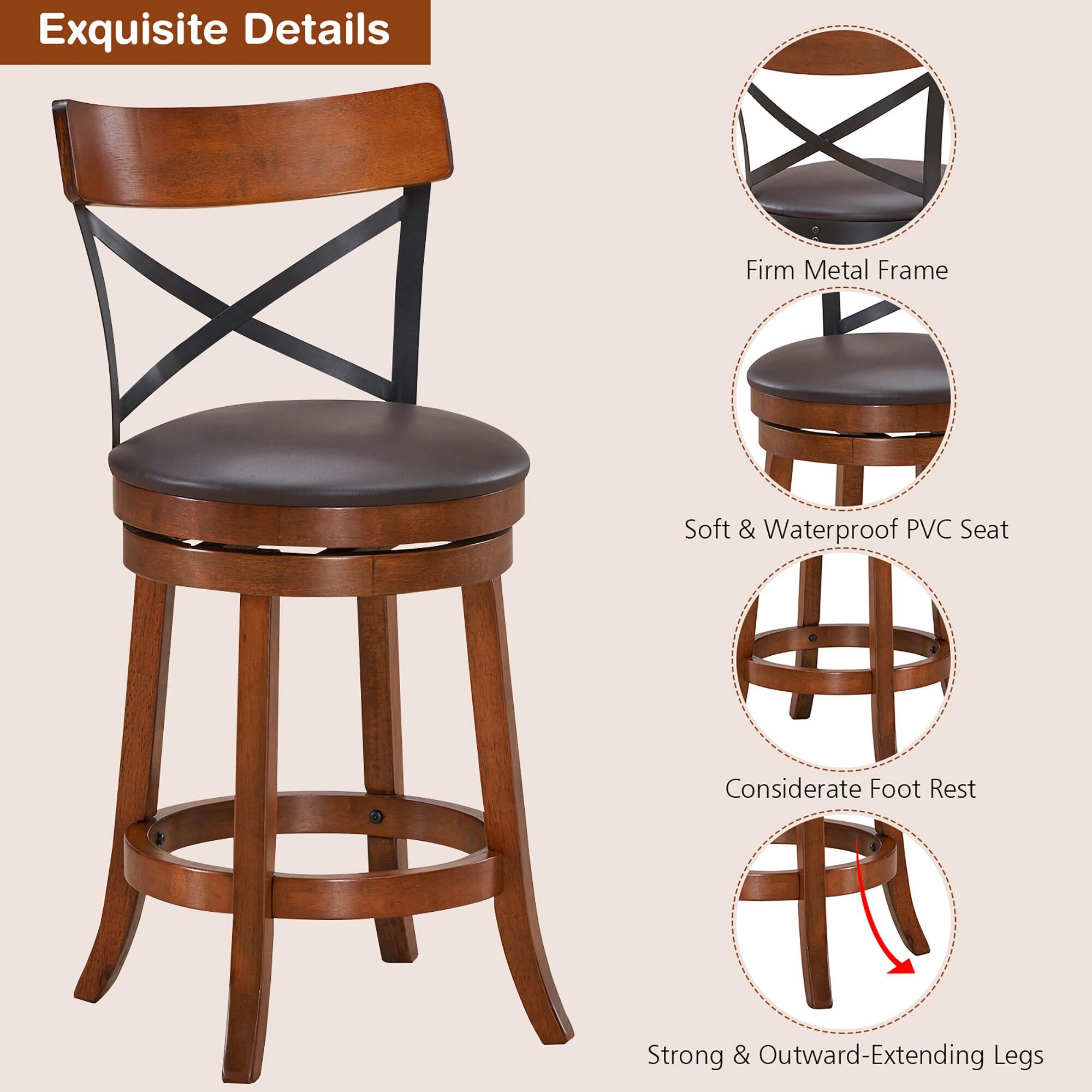 Costway Set of 2 Bar Stools Swivel 25'' Dining Bar Chairs with Rubber Wood Legs