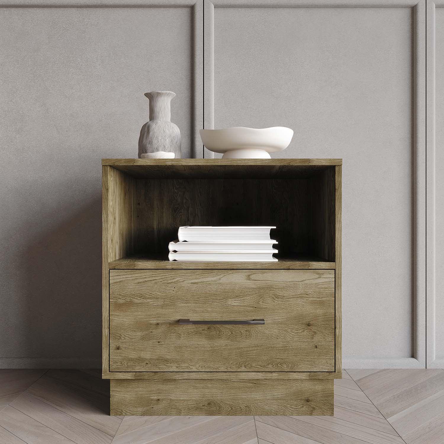 Castle Place Rustic Wood 1 Drawer Nightstand, Brown Oak