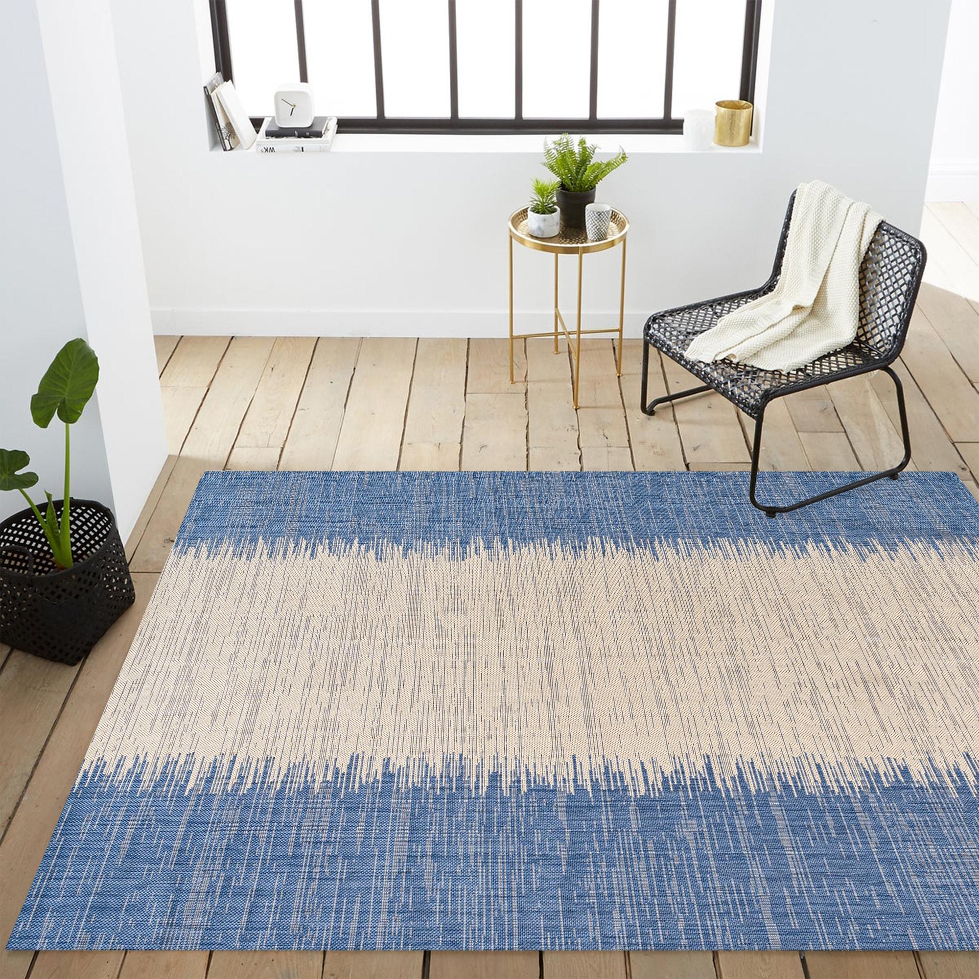 4'x6' Tavira Modern Strie' Indoor/Outdoor Area Rug, Blue/Beige - JONATHAN Y
