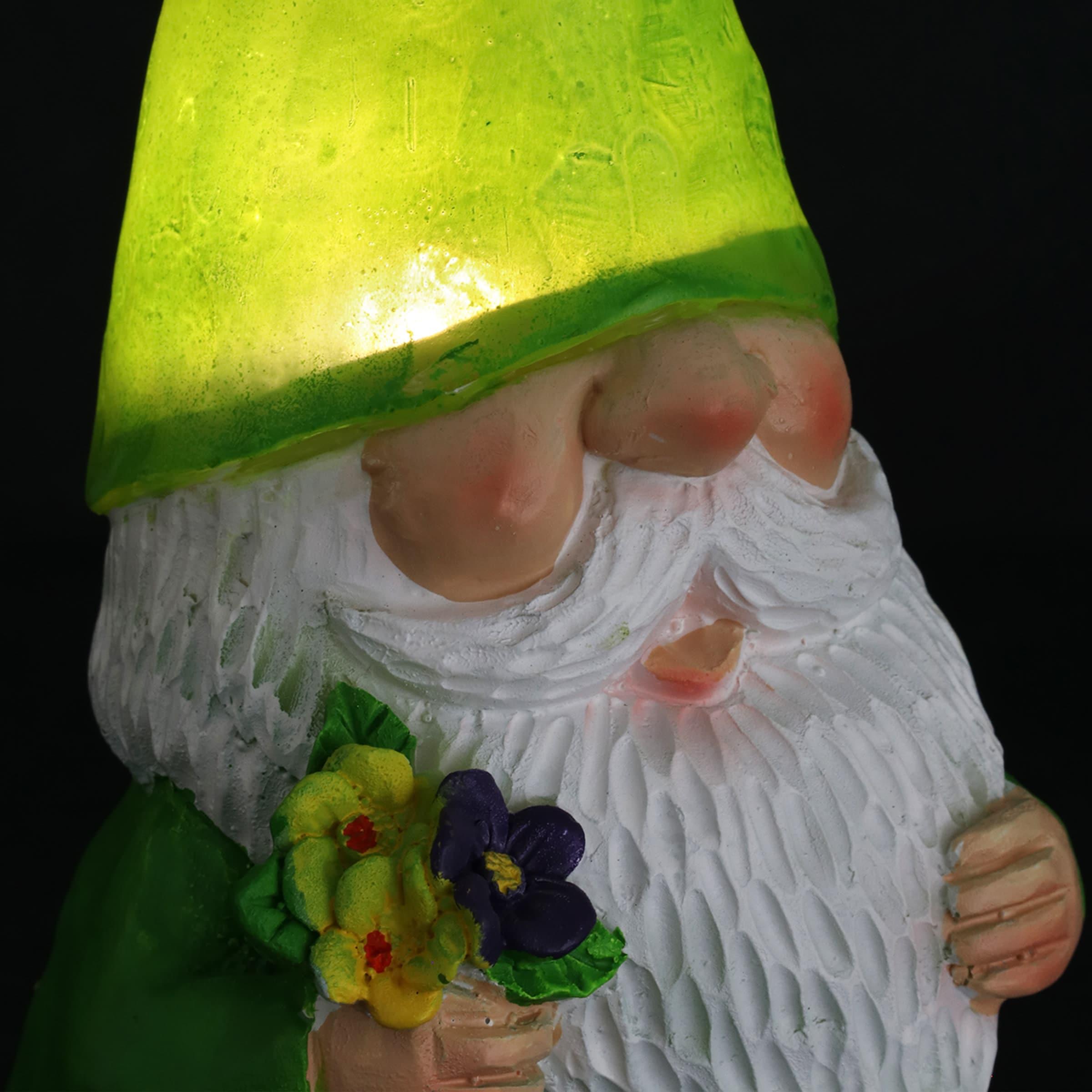 Green LED Solar-Powered Resin Garden Gnome with Flowers