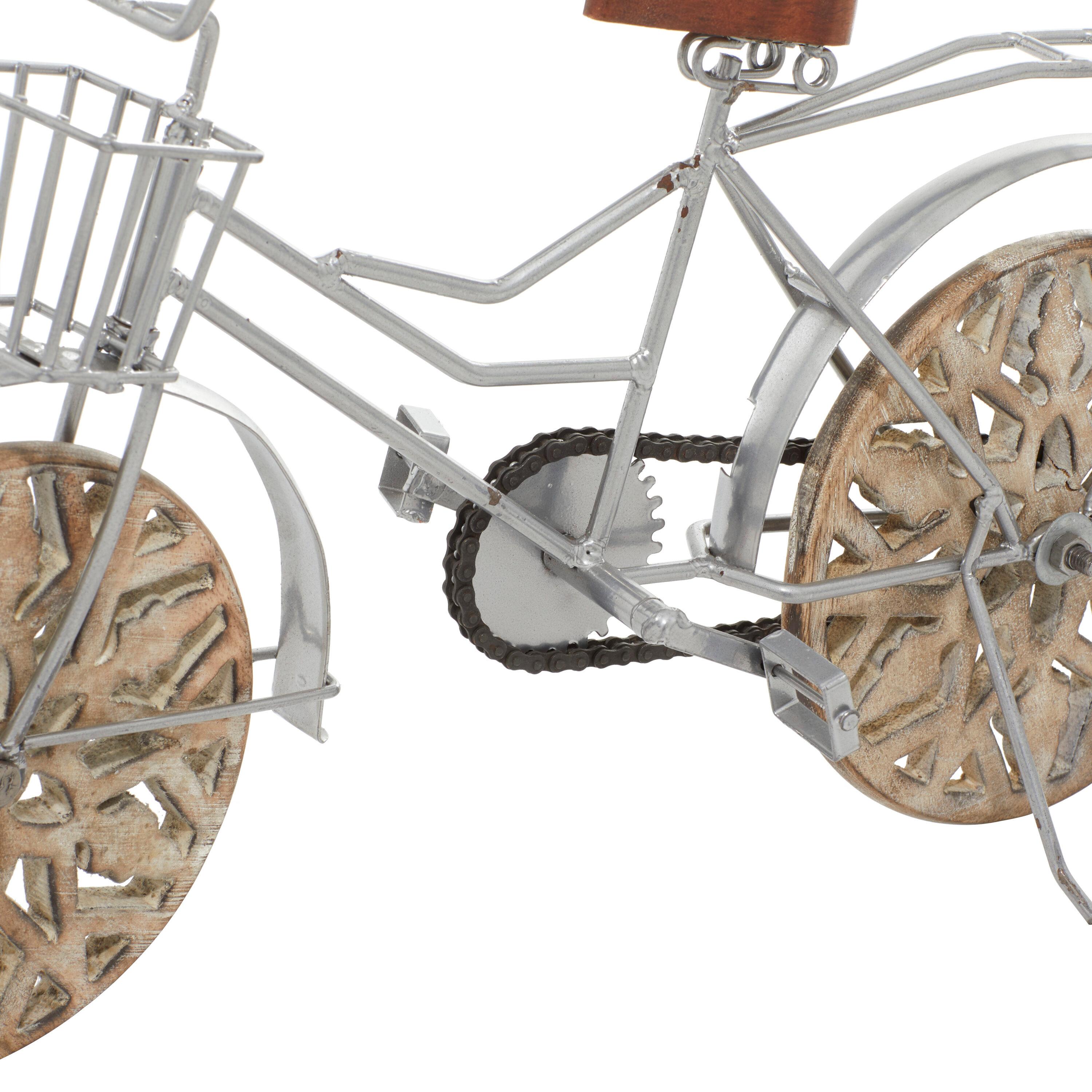 19" x 12" Brown Metal Bike Sculpture with Carved Wood Wheels, by DecMode