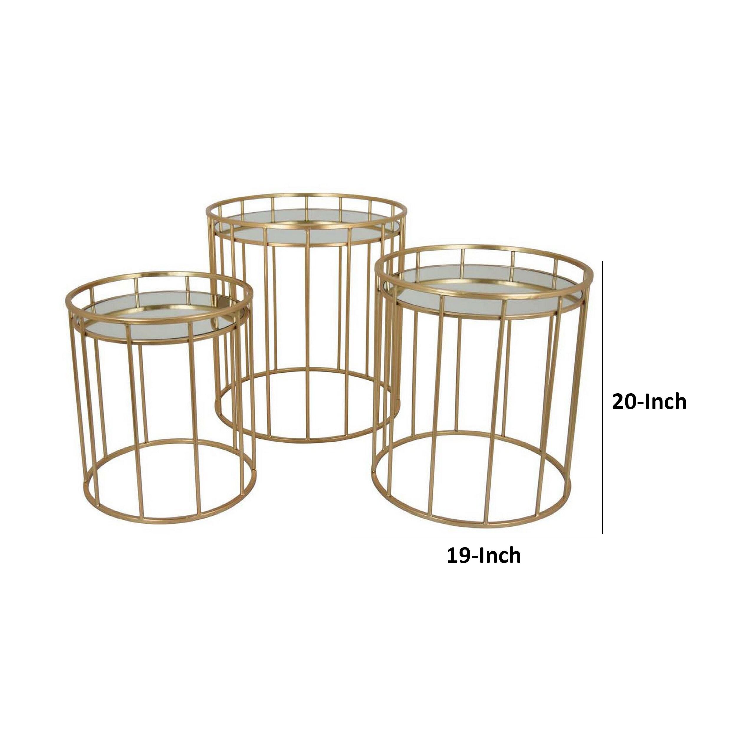 Benjara 20 Inch Plant Stand Table Set of 3, Gold Metal Frame, Mirror Tray Top