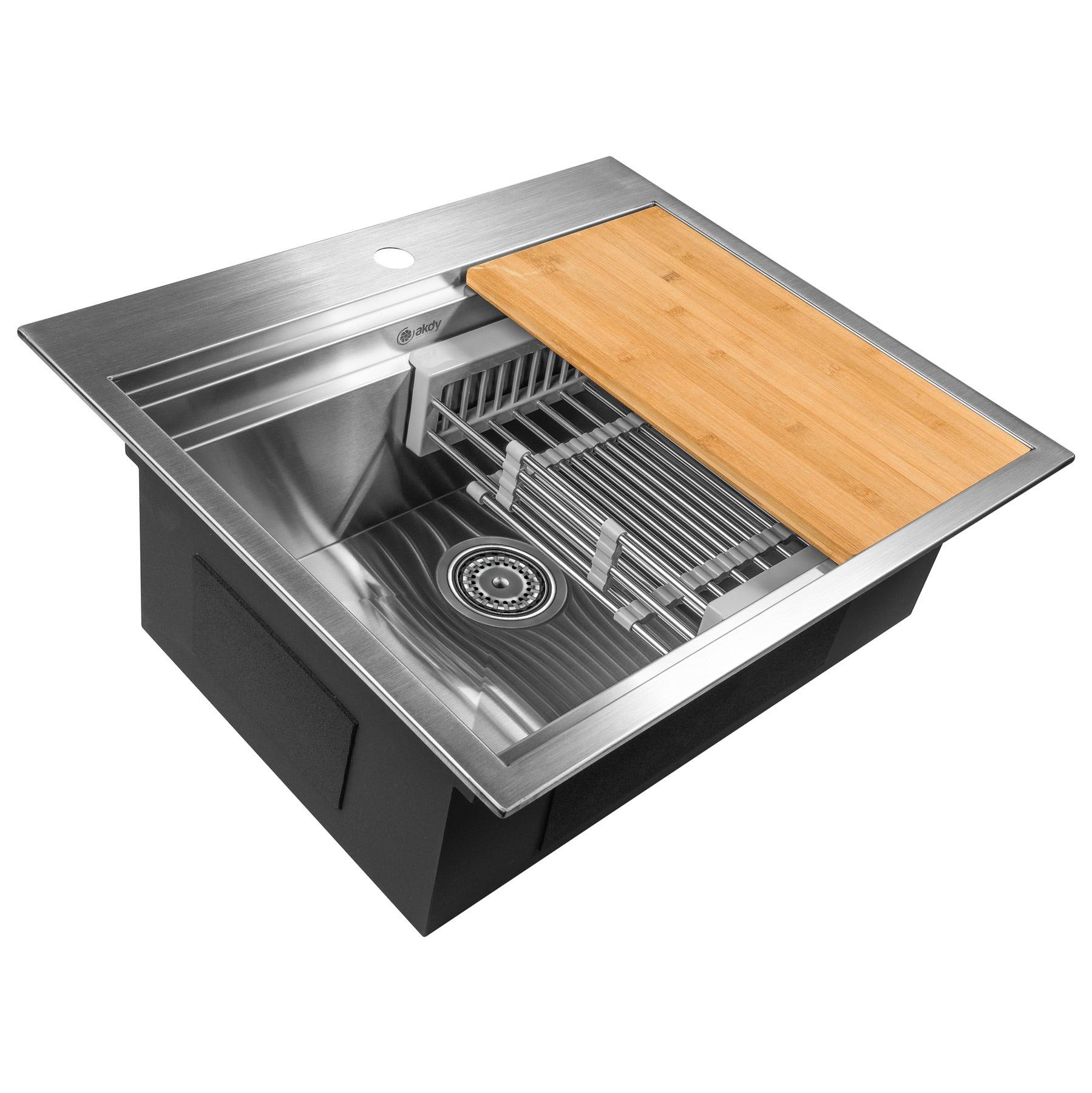 Drop-In 25-in x 22-in Brushed Stainless Steel Single Bowl 1-Hole Workstation Kitchen Sink