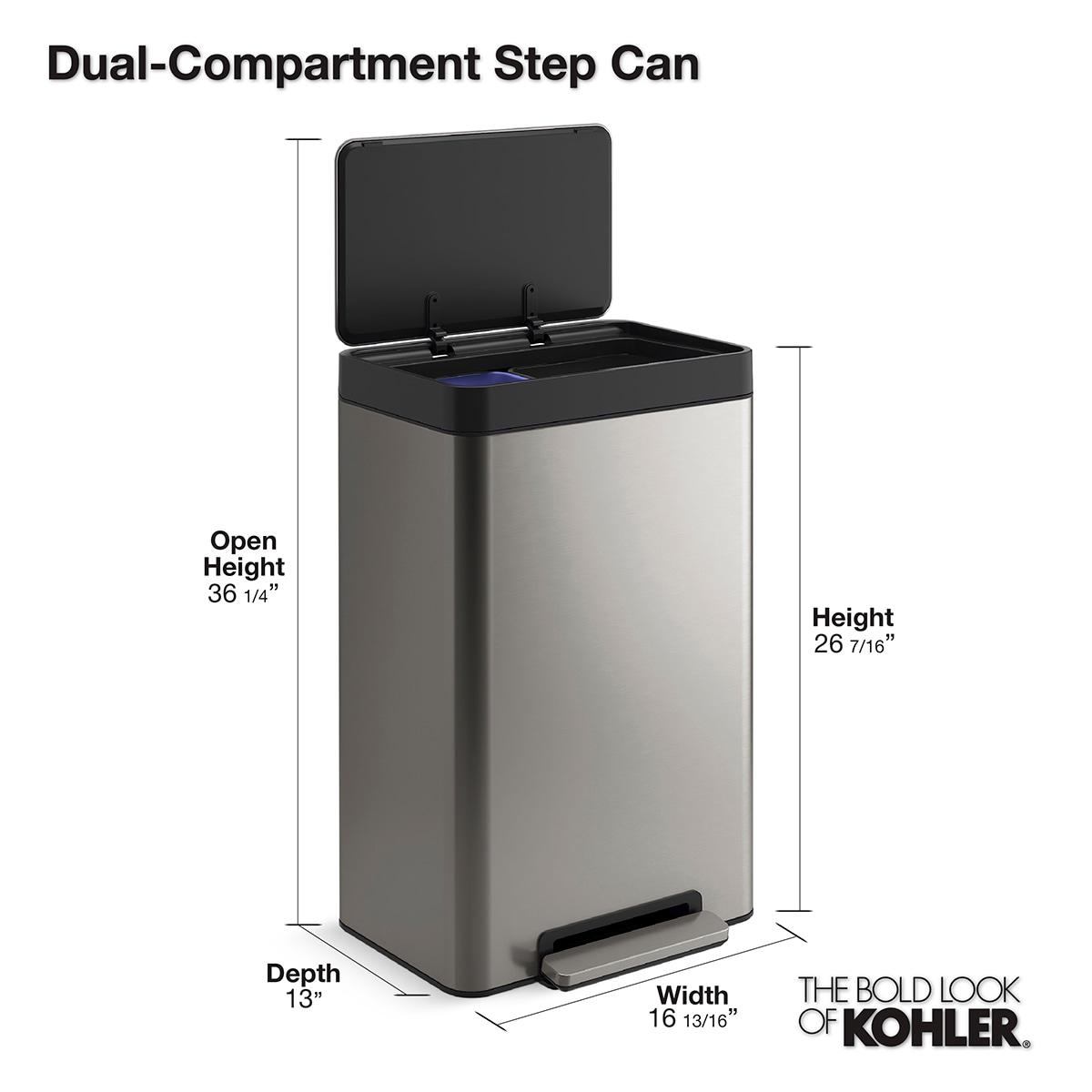 Reset 11 Gallon Dual Compartment Kitchen Trash Can, Stainless Steel Step Trash Can