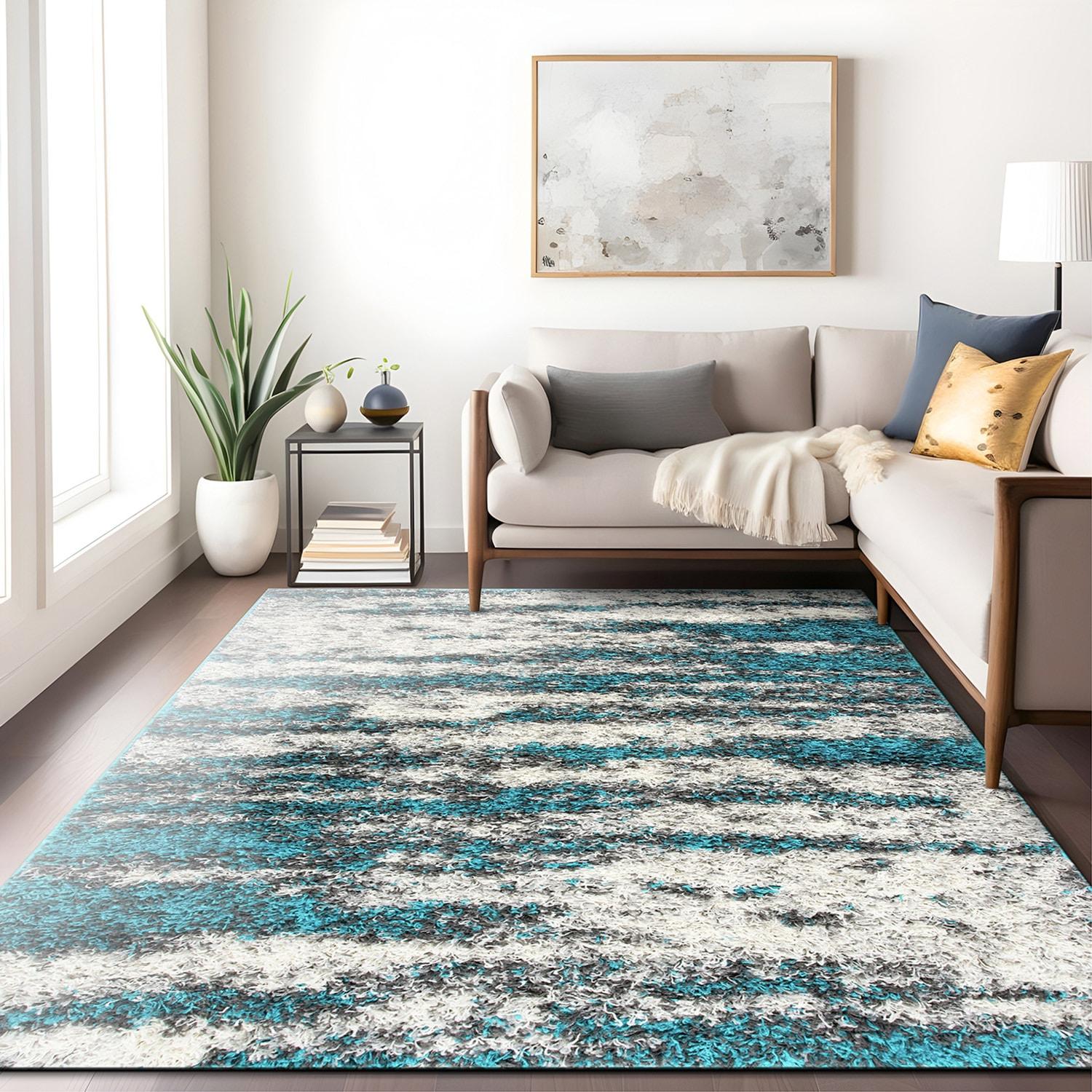 World Rug Gallery Modern Abstract Design Plush Shag Area Rug - Turquoise 5' x 7'