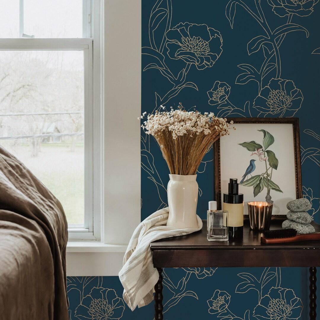 Tempaper & Co.® Peonies Removable Peel and Stick Wallpaper, Peacock Blue and Metallic Gold Floral, 28 sq. ft.: Vinyl Self-Adhesive