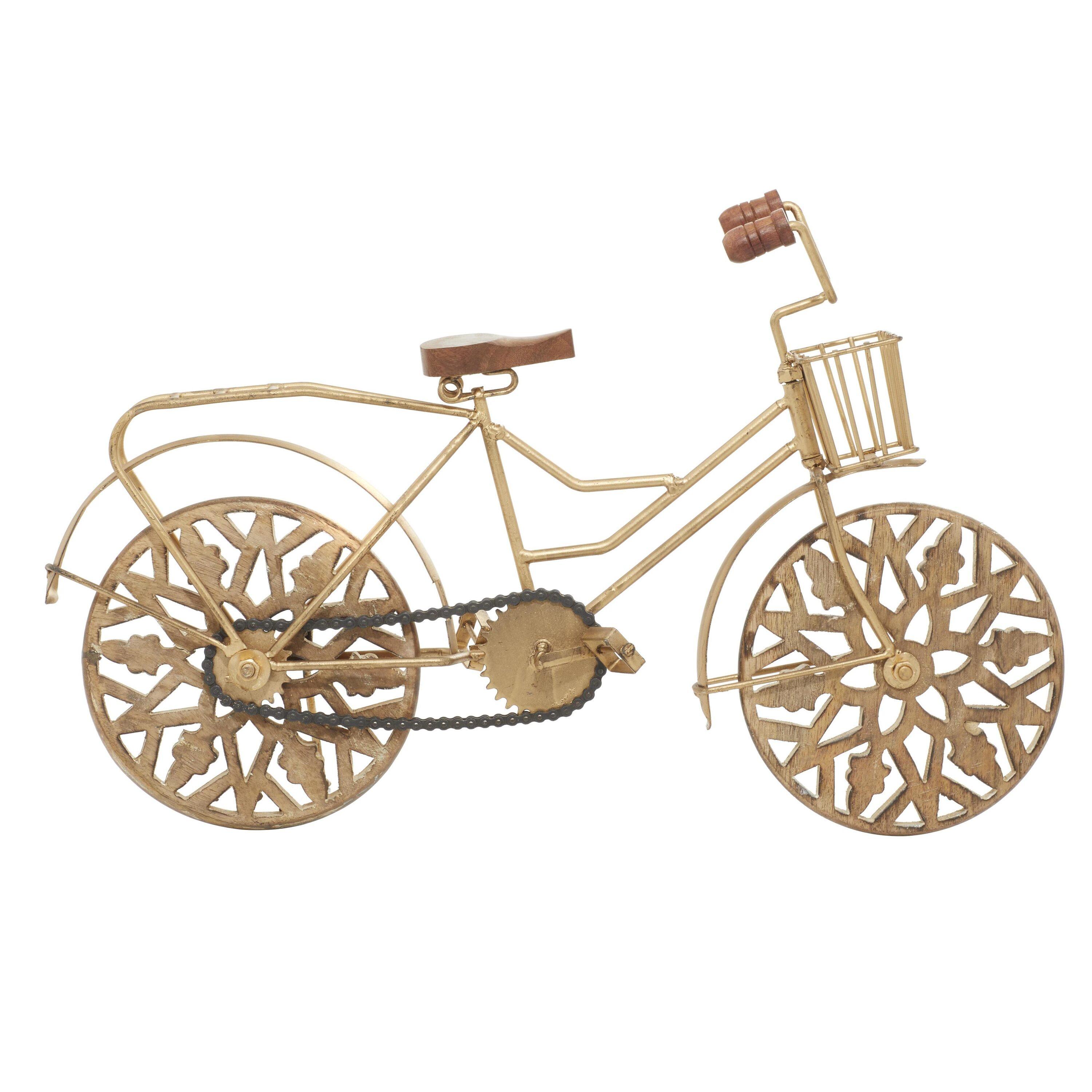 19" x 12" Gold Metal Bike Sculpture with Carved Wood Wheels, by DecMode