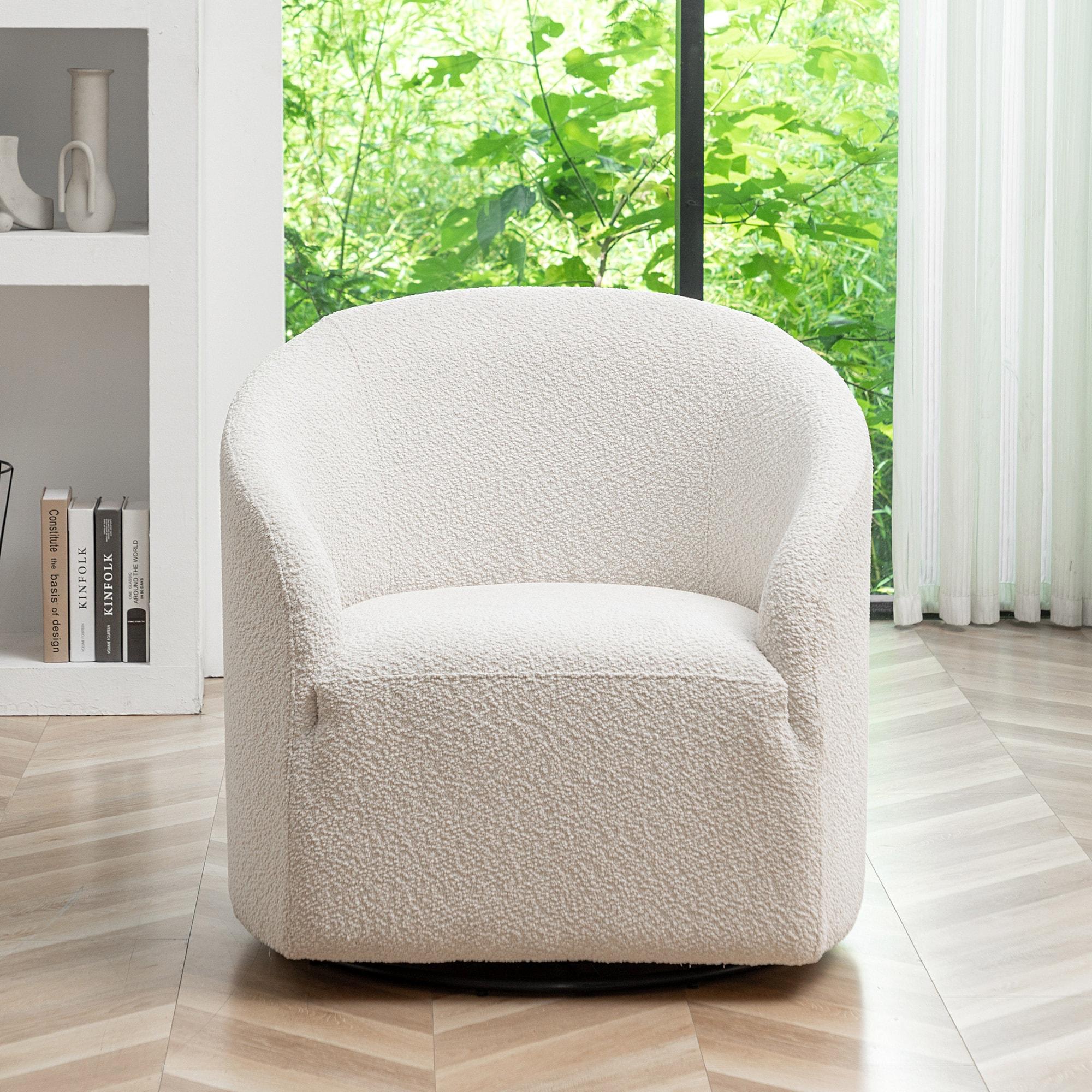 Kinwell 32" Wide Boucle Upholstered Swivel Barrel Chair White : Mid-Century Modern, No Assembly Required