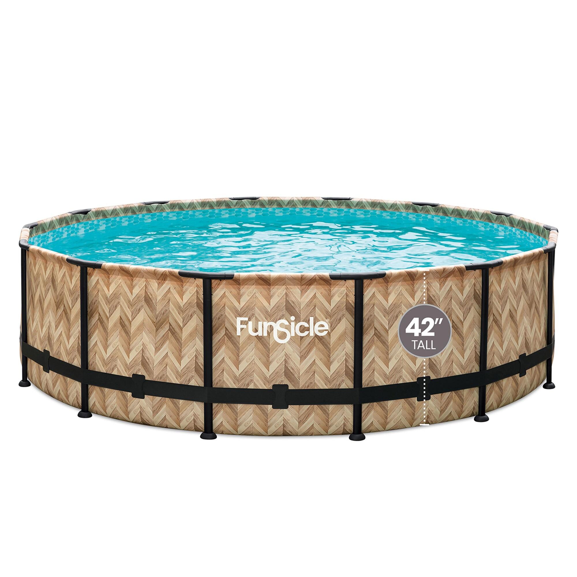 Funsicle 14ft x 42in Round Oasis Designer Above Ground Pool, Oak Herringbone with SkimmerPlus Filter Pump, Age 6 & up