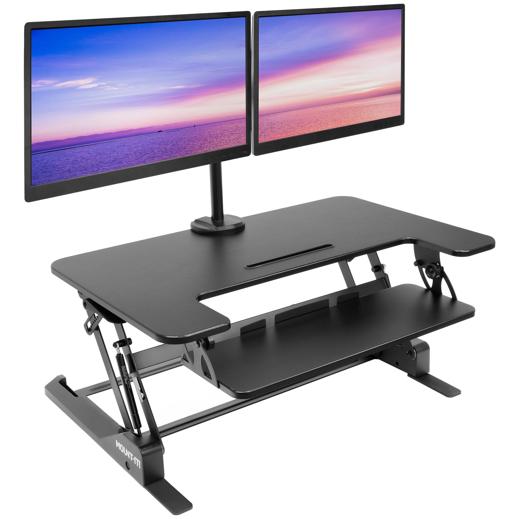 Mount-It! Height Adjustable Standing Desk Converter with Bonus Dual Monitor Mount Included - Wide 36 Inch Sit Stand Workstation with Gas Spring Lift