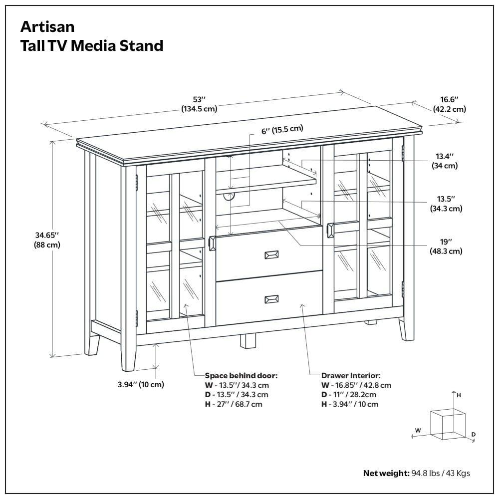Simpli Home Artisan 53"W Solid Wood Contemporary Tall TV Stand for TVs up to 60" with Adjustable Shelves