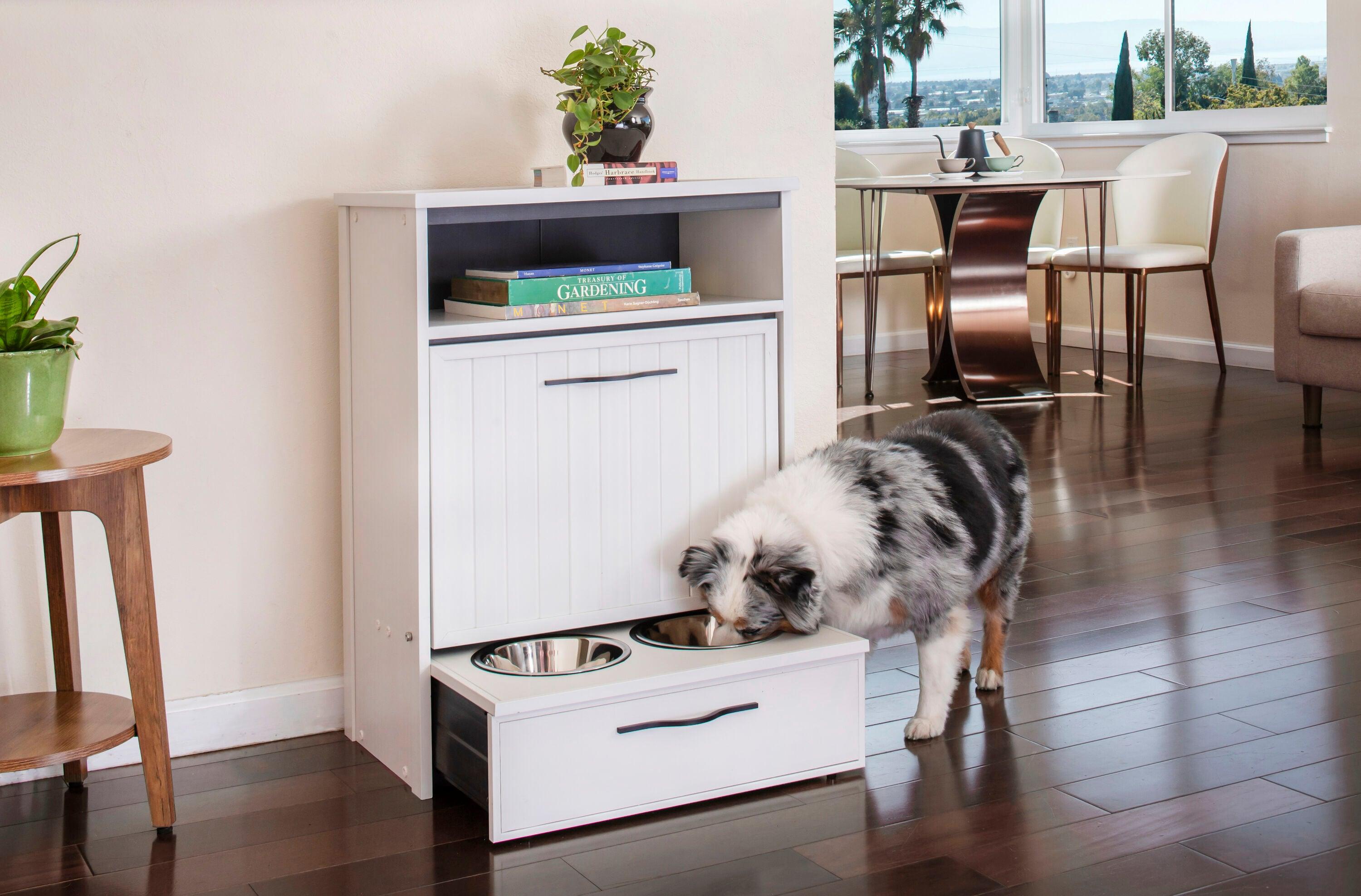 New Age Pet® ECOFLEX® Dog Food Pantry with Double Stainless Steel Bowls - Durable Composite, Includes 2x 32oz Bowls, Storage for 25 lbs of Dog Food, Easy Assembly, Moisture Resistant