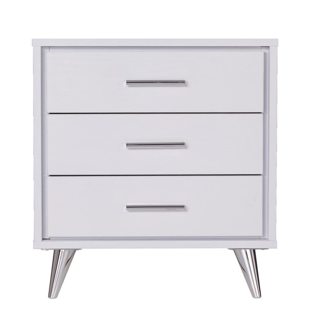 SEI Furniture Oren 3 Drawer Nightstand in White and Chrome