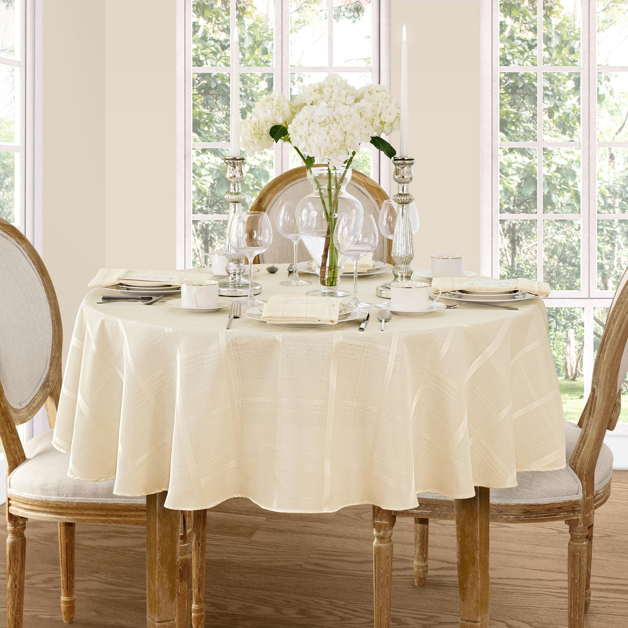 Elegance Plaid Stain & Water Resistant Tablecloth - 90" Round - Beige - Elrene Home Fashions