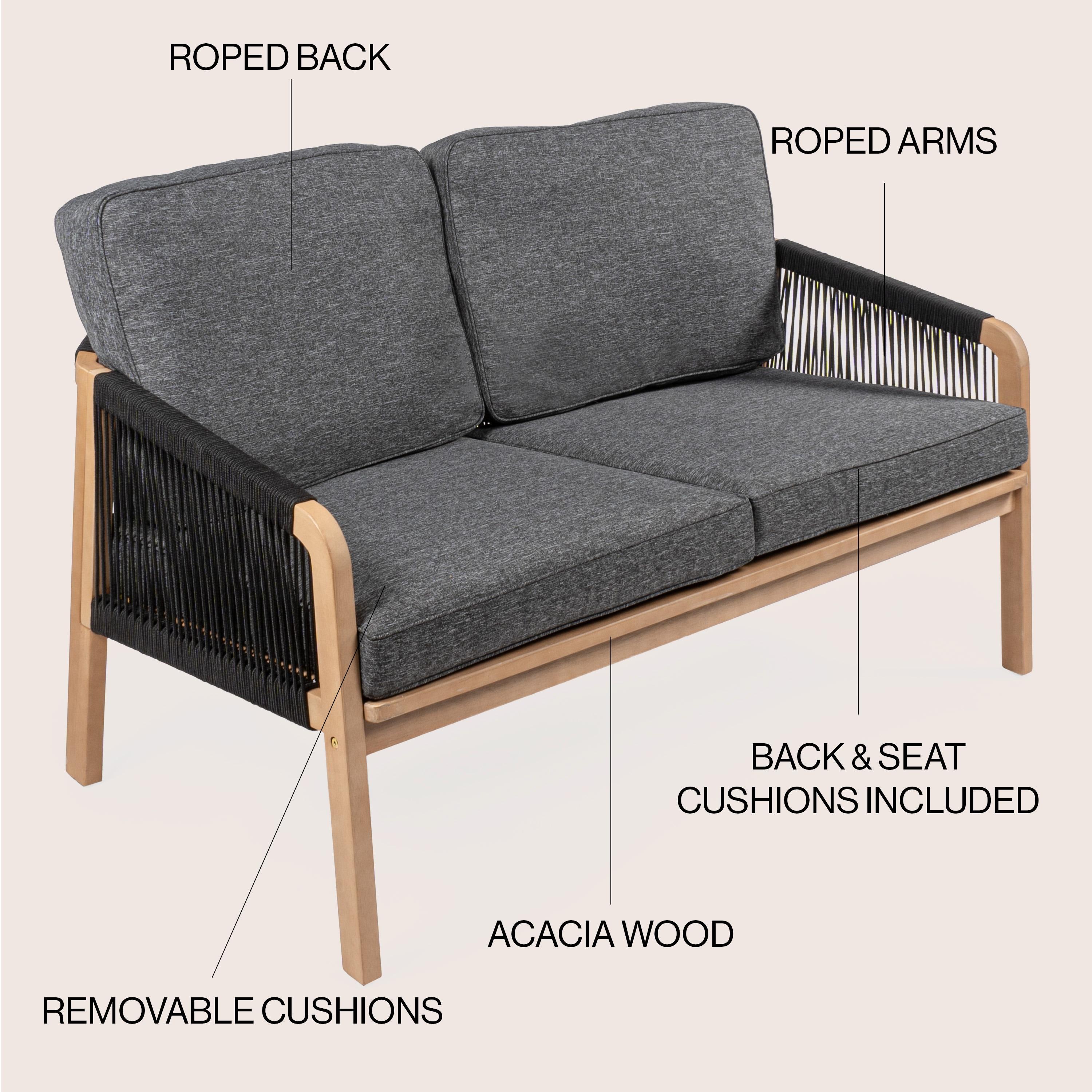 Arwen Modern Bohemian Roped Acacia Wood Outdoor Loveseat with Cushions, Black/Light Teak - JONATHAN Y