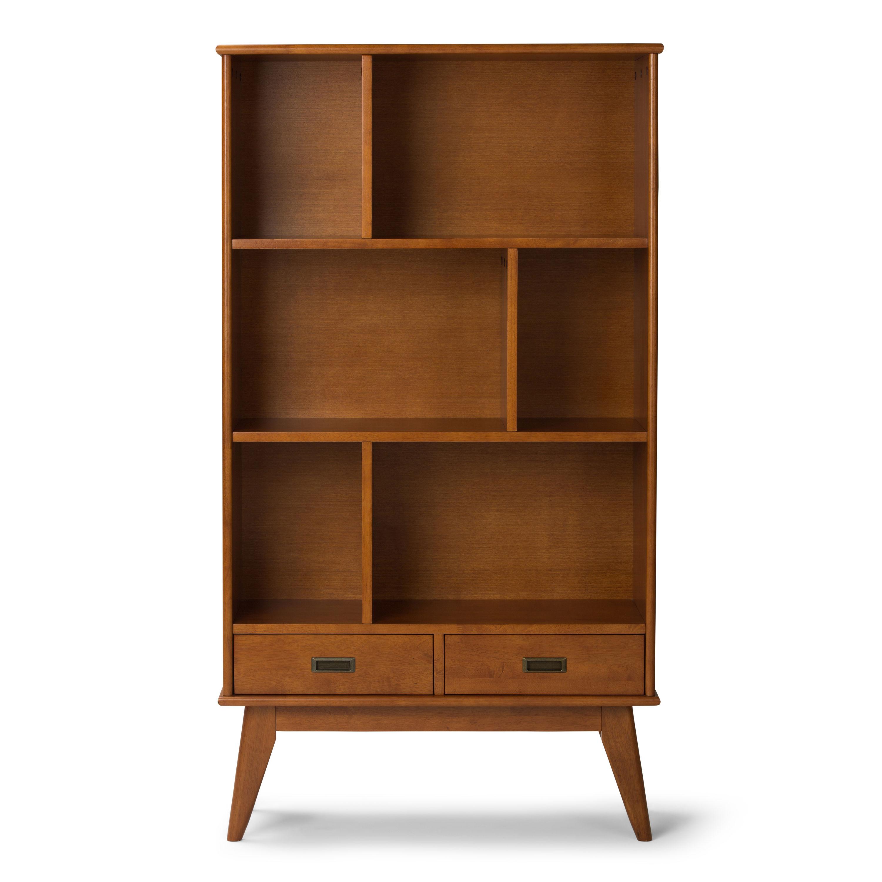 Simpli Home Draper 35"W Solid Hardwood 6 Shelf Compartment Mid-Century Modern Wide Bookcase with 2 Drawers