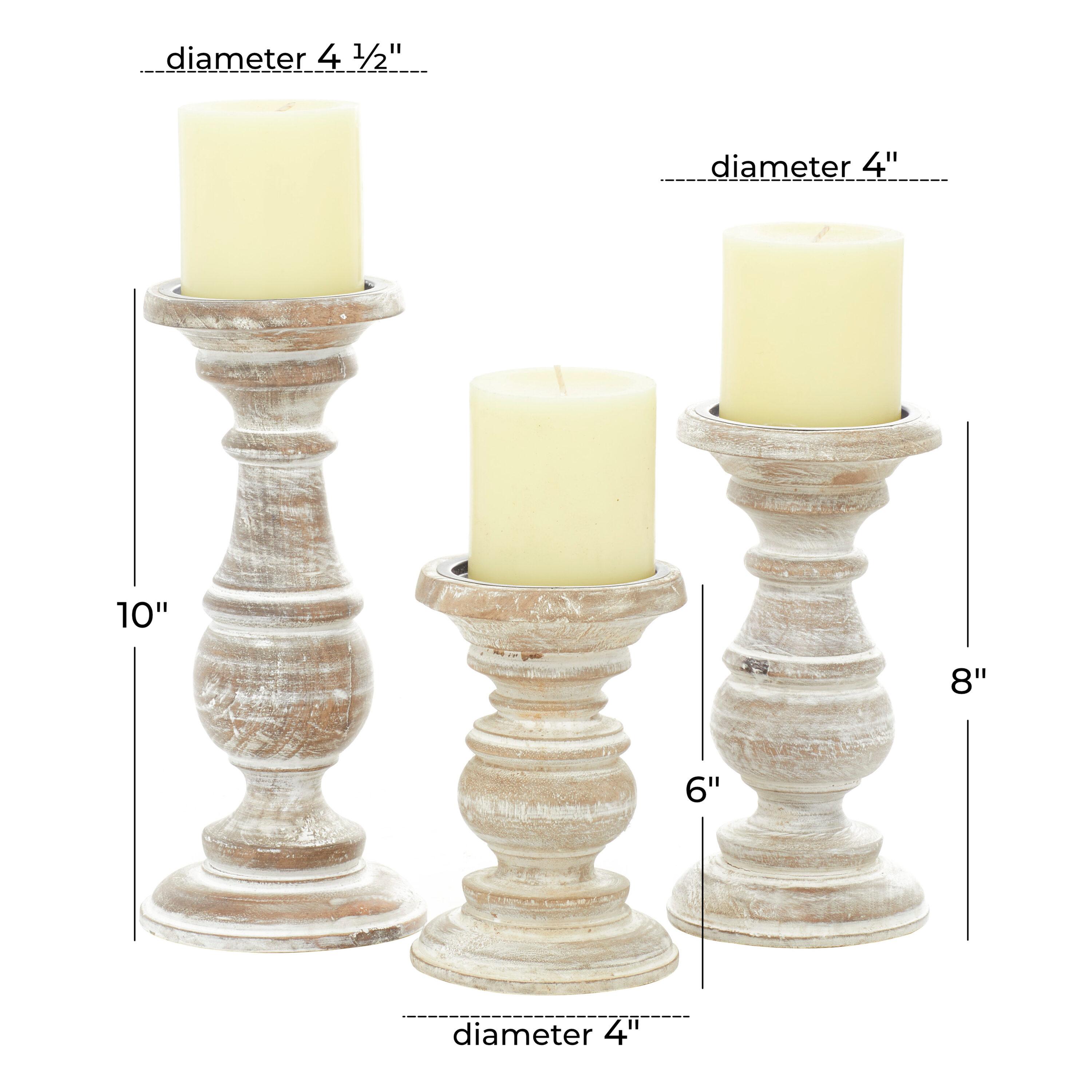 DecMode Traditional and Timeless Mango Wood Pillar Candle Holder Set of 3, 6", 8", 10"H, Cream Finish