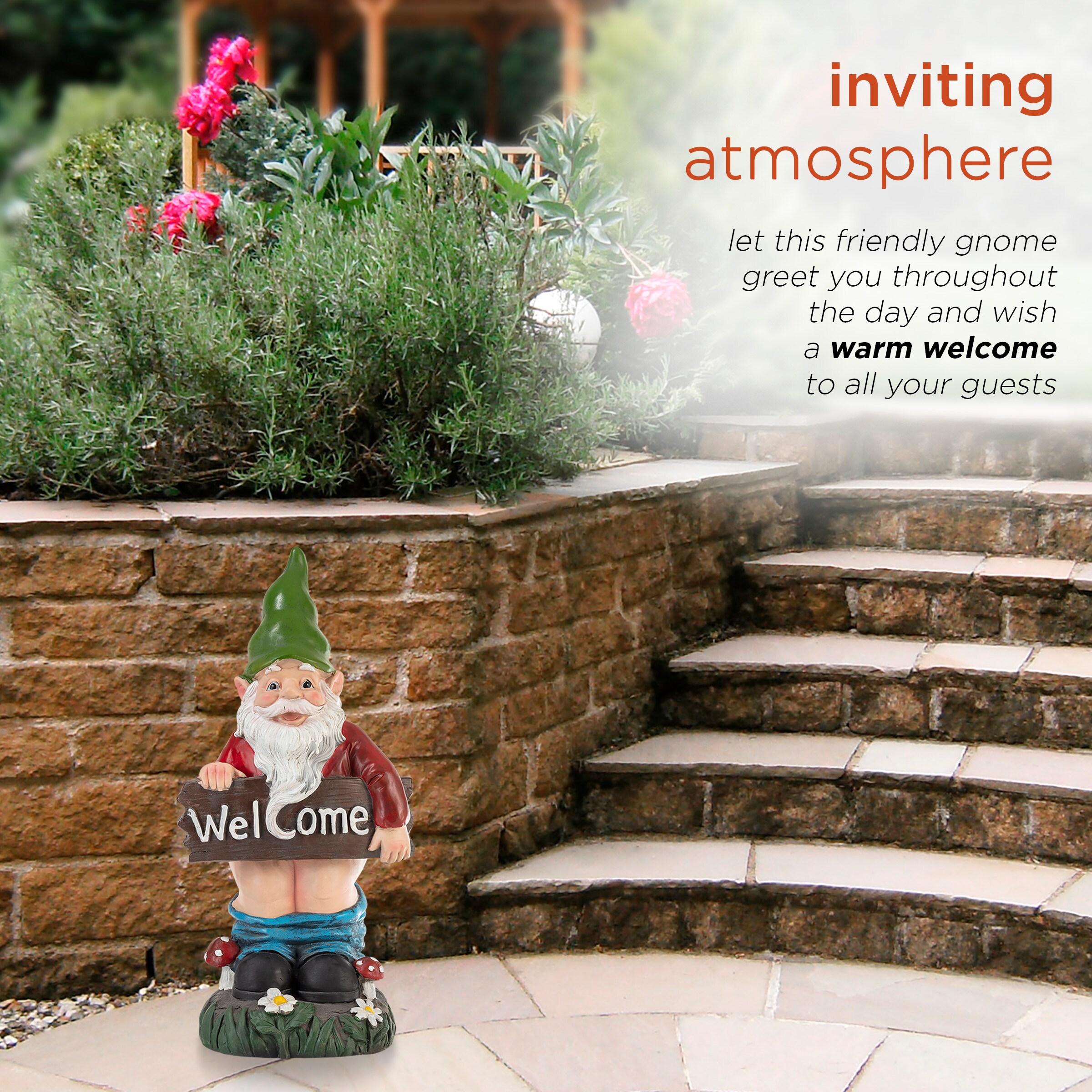 22"H Ceramic Outdoor Sculpture - Alpine Corporation: Garden Gnome with Welcome Sign, Mythical Decor