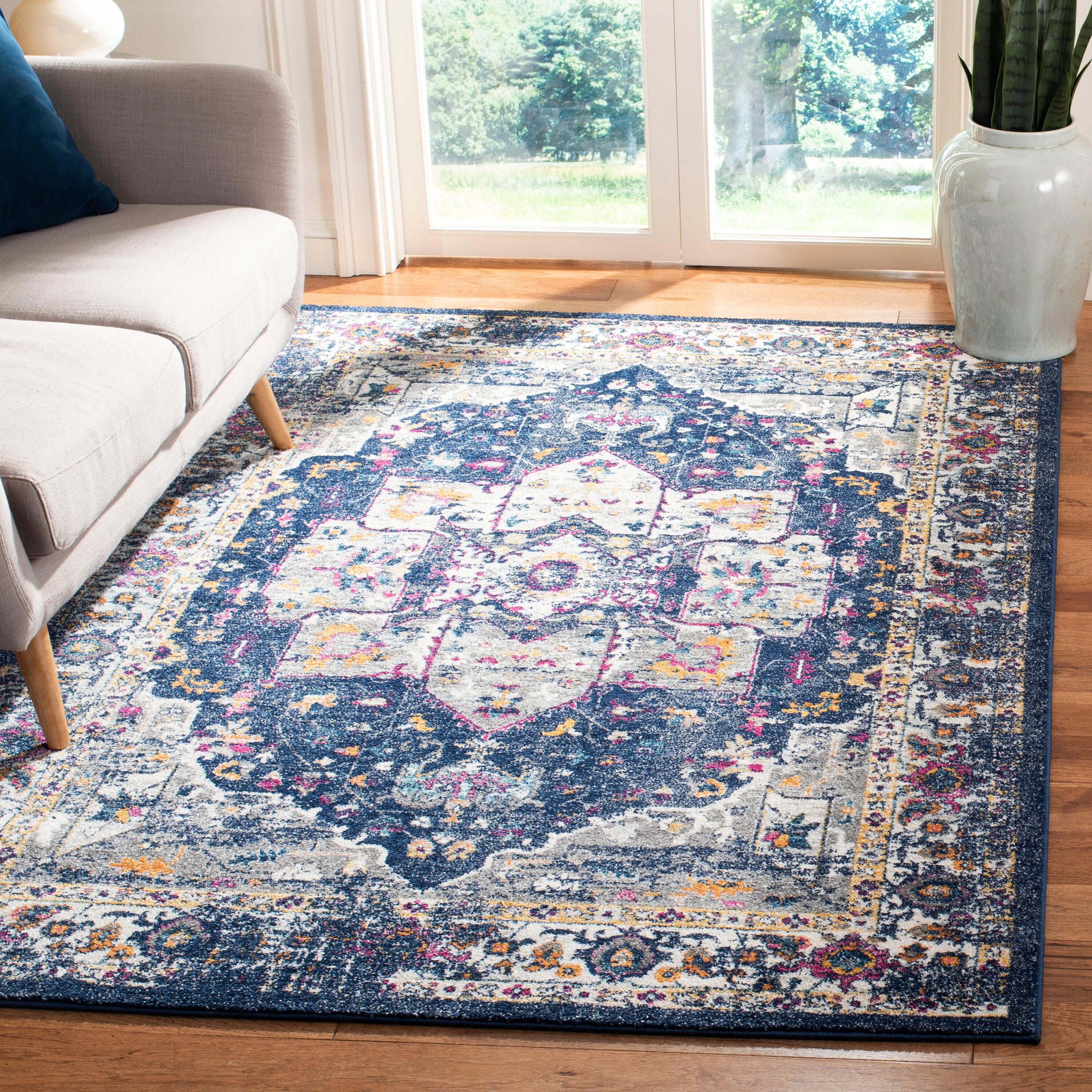 Navy and Grey Reversible Synthetic Area Rug, 54" x 16"