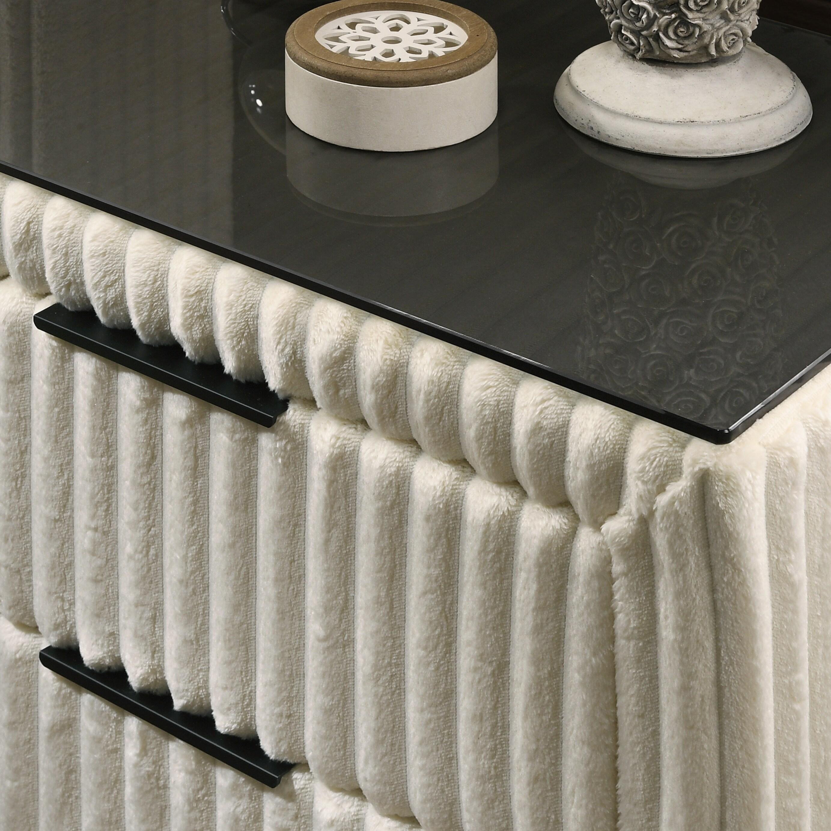 Roundhill Furniture Mavela Wide-wale Corduroy Upholstery Panel Bed with 2 Nightstands and Bench Cream Queen
