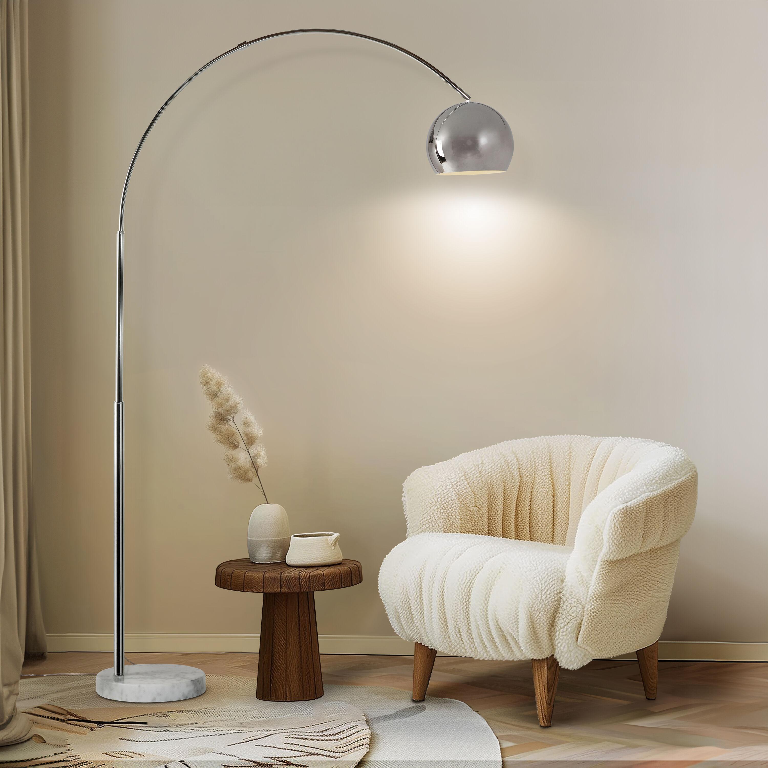 Brightech Olivia 75" Modern Industrial LED Arc Floor Lamp with Silver Chrome Finish, White Marble Base, and Metal Bowl Shade, Bulb Included
