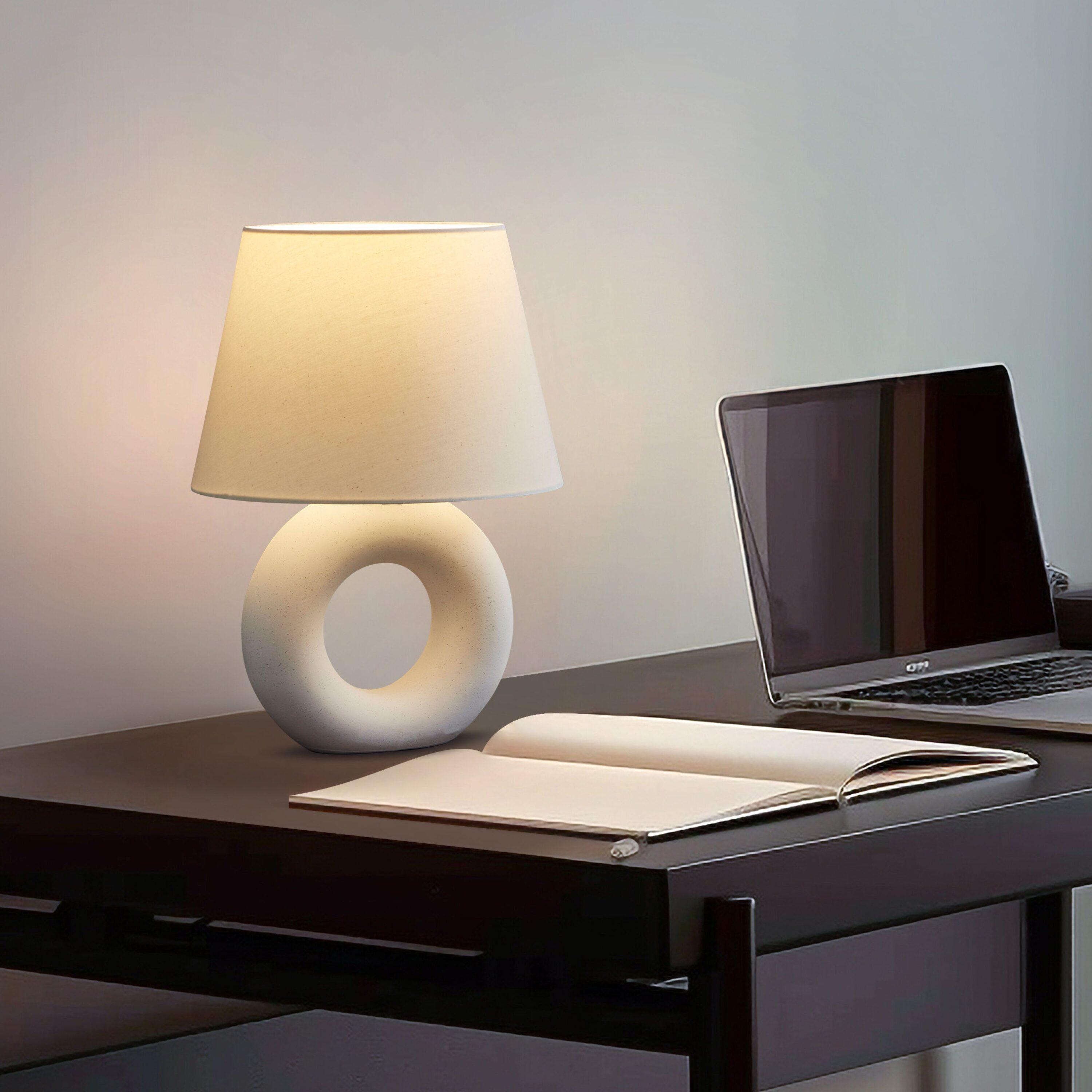 Brightech Chloe 15.5" Modern LED Table Lamp with Circular Ceramic Base and Natural Cotton Shade