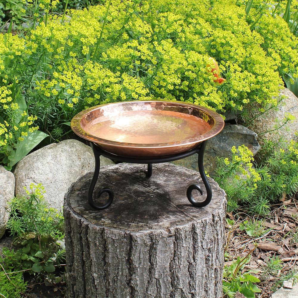 6.5" Hammered Copper Birdbath with Short Stand Polished Copper Plated - Achla Designs: Weather-Resistant, Freestanding