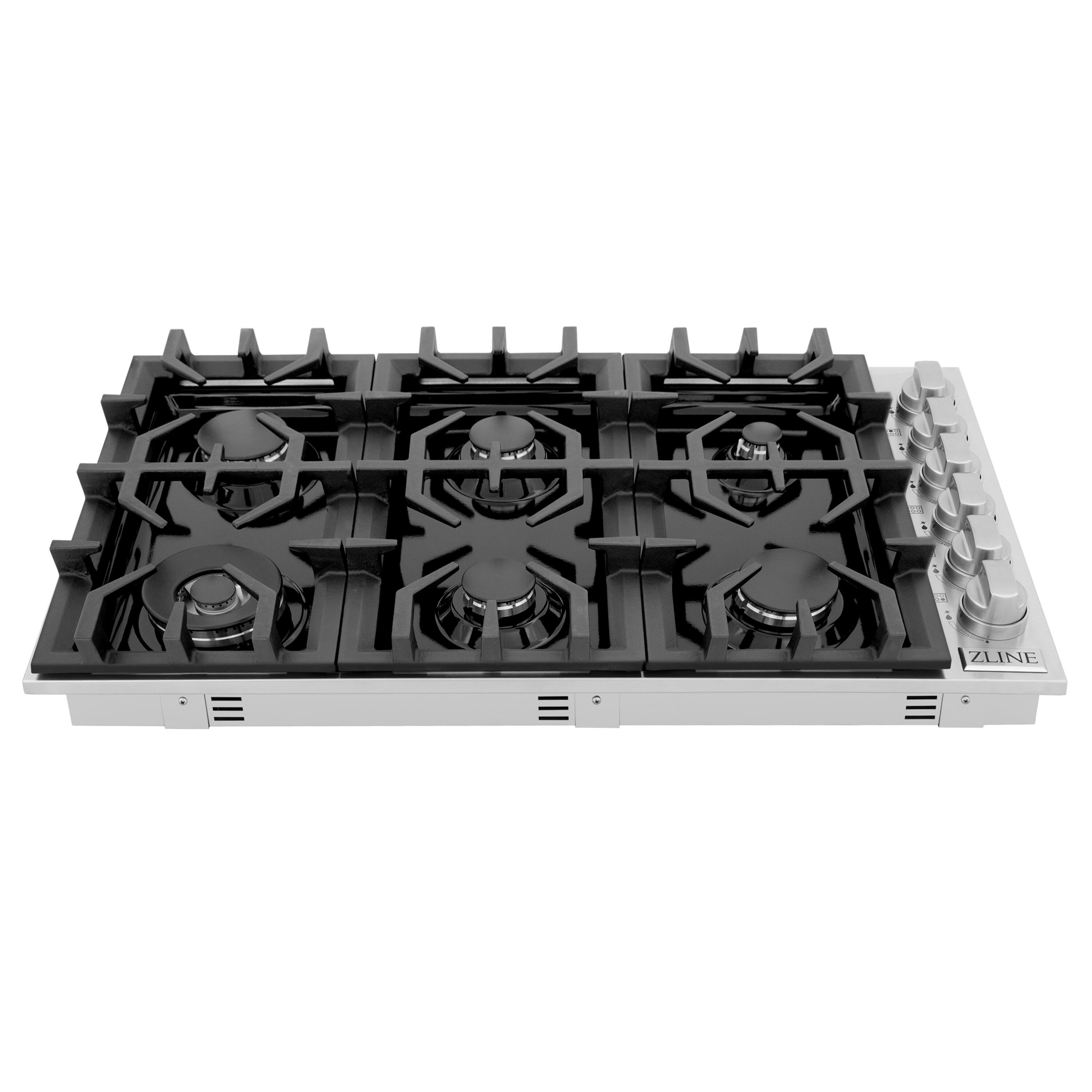 ZLINE 36" Gas Cooktop with 6 Gas Brass Burners and Black Porcelain Top