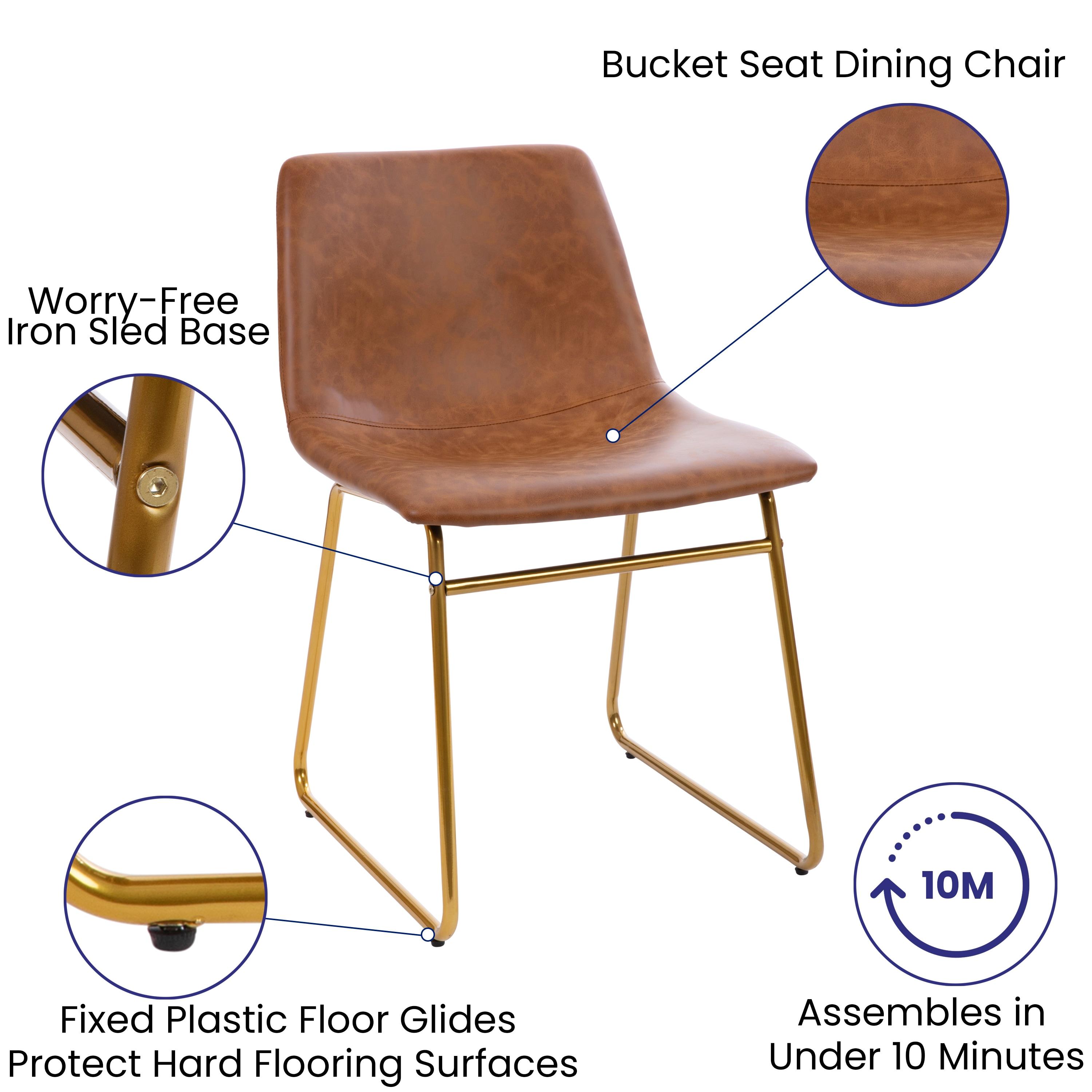 Flash Furniture Butler 18 inch Dining Table Height Chair, Mid-Back Sled Base Dining Chair in Light Brown LeatherSoft with Gold Frame, Set of 2