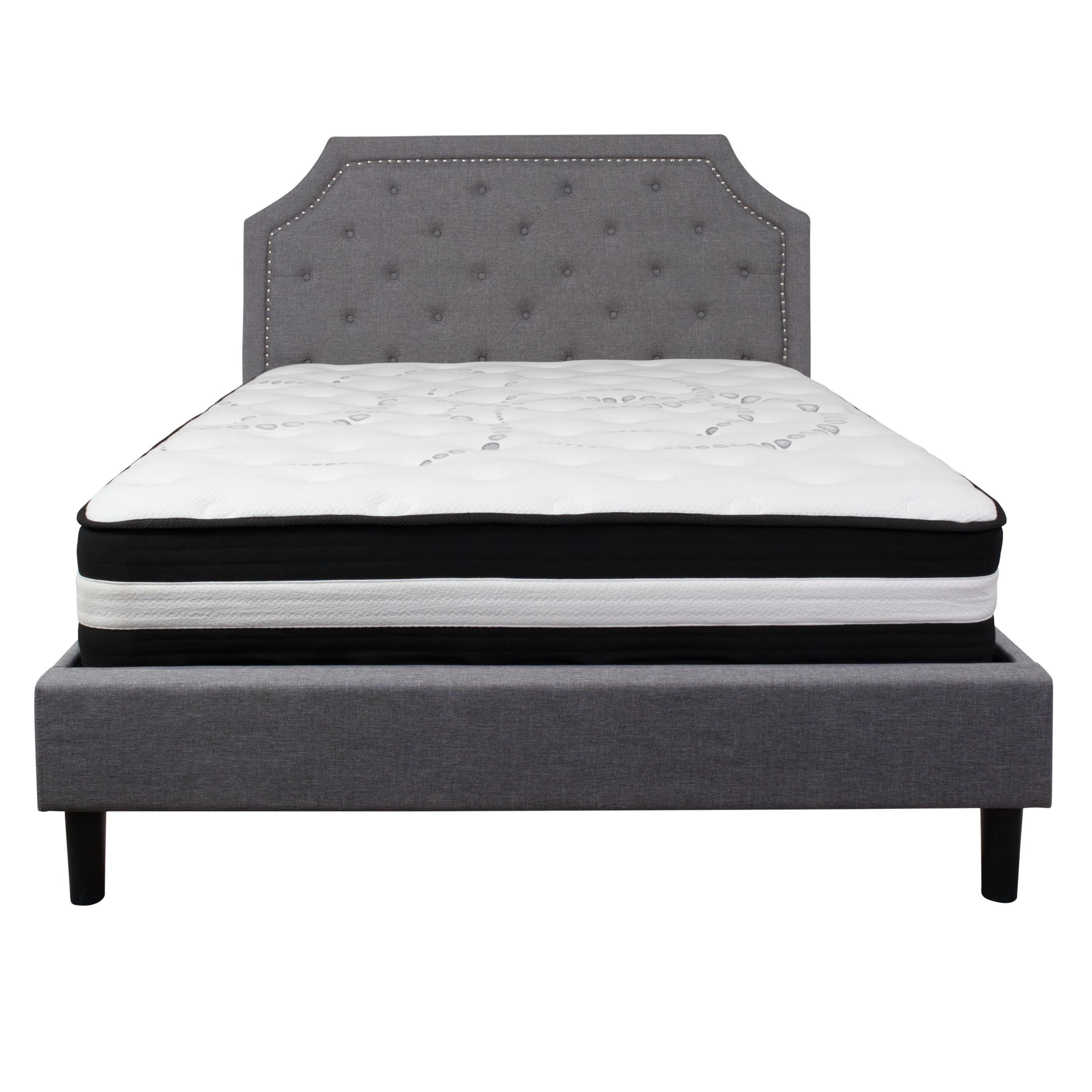 Flash Furniture Brighton Queen Size Tufted Upholstered Platform Bed in Light Gray Fabric with Pocket Spring Mattress