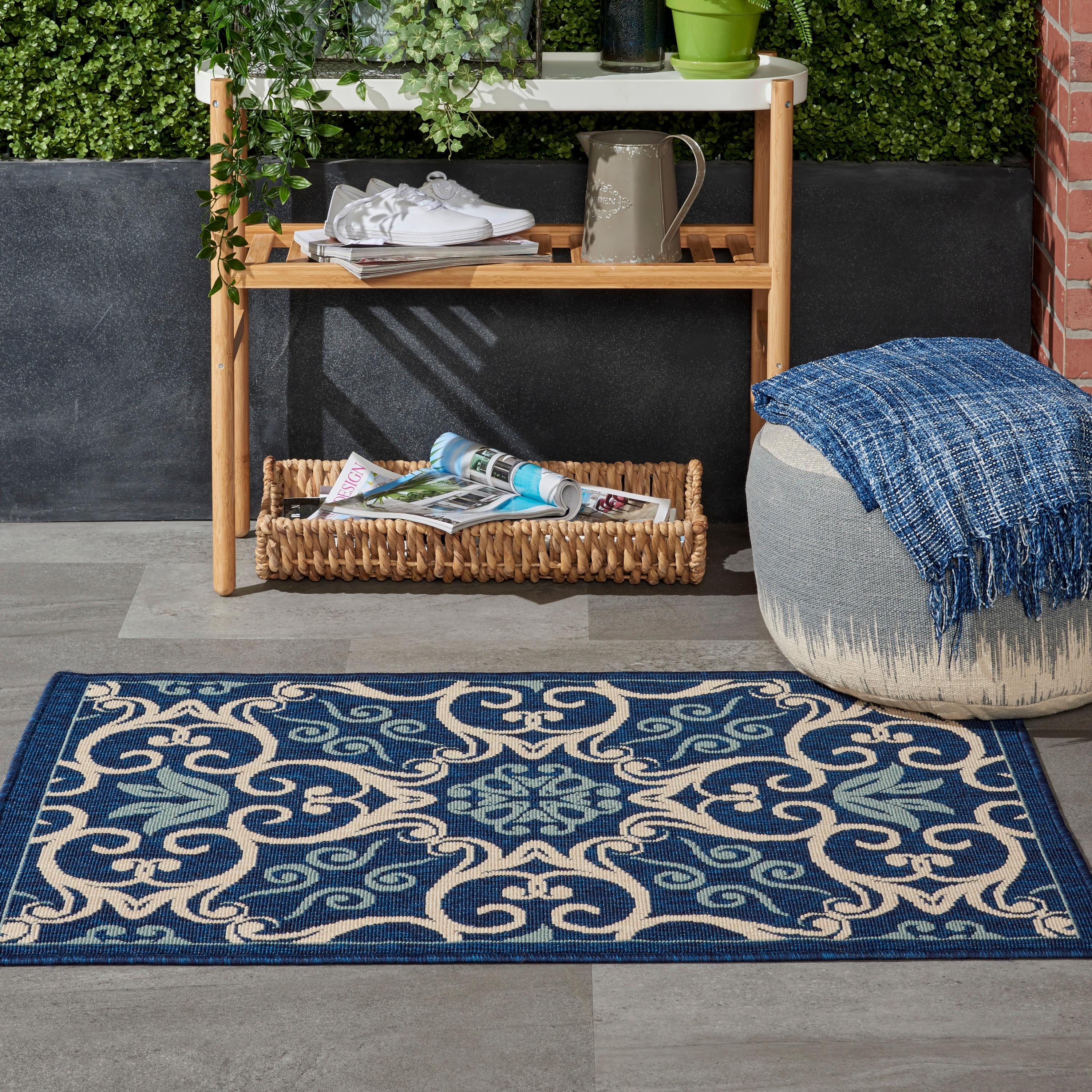 Nourison Aloha Floral Leaf Flatweave High-Low Indoor Outdoor Area Rug Grey/Blue 2'8" x 4'