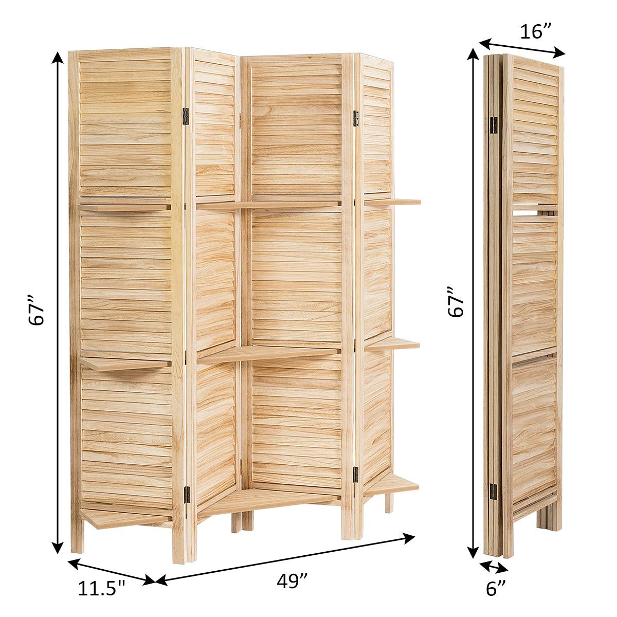 Costway 4 Panel Folding Room Divider Screen W/3 Display Shelves 5.6 Ft Tall Natural