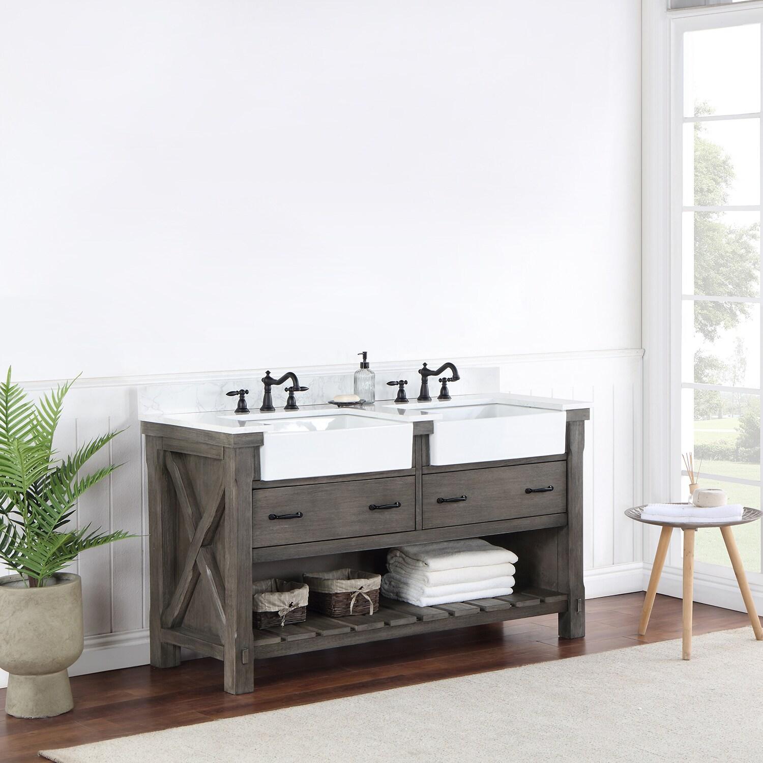 60 in. Villareal Double Bathroom Vanity, Classical Grey with Composite Stone Top in White, White Farmhouse Basin