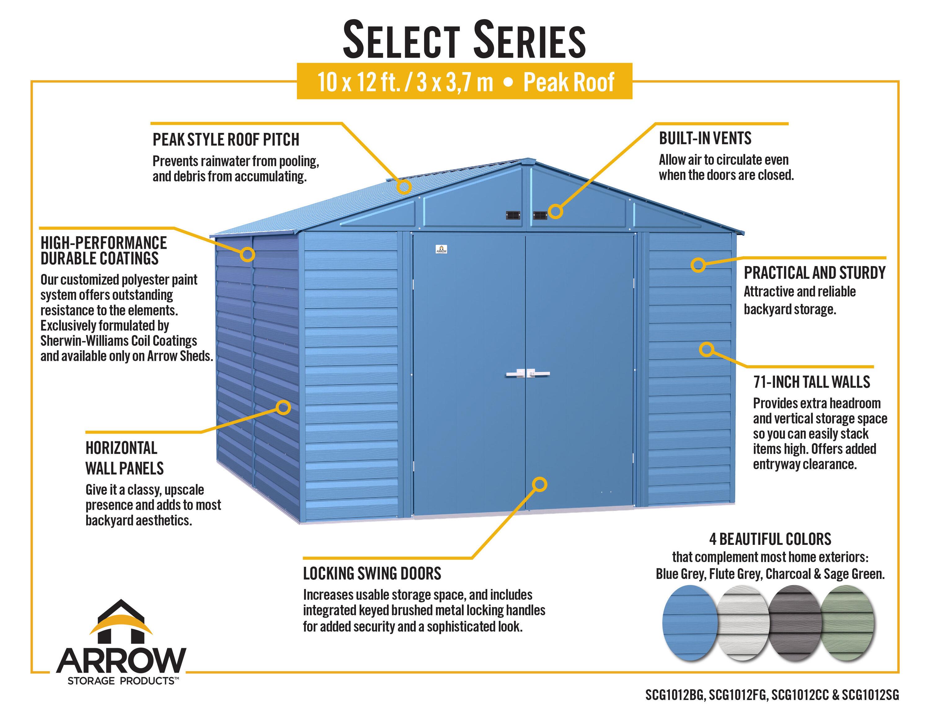 Arrow Select Steel Storage Shed Steel Storage Shed, 10x12, Flute Grey