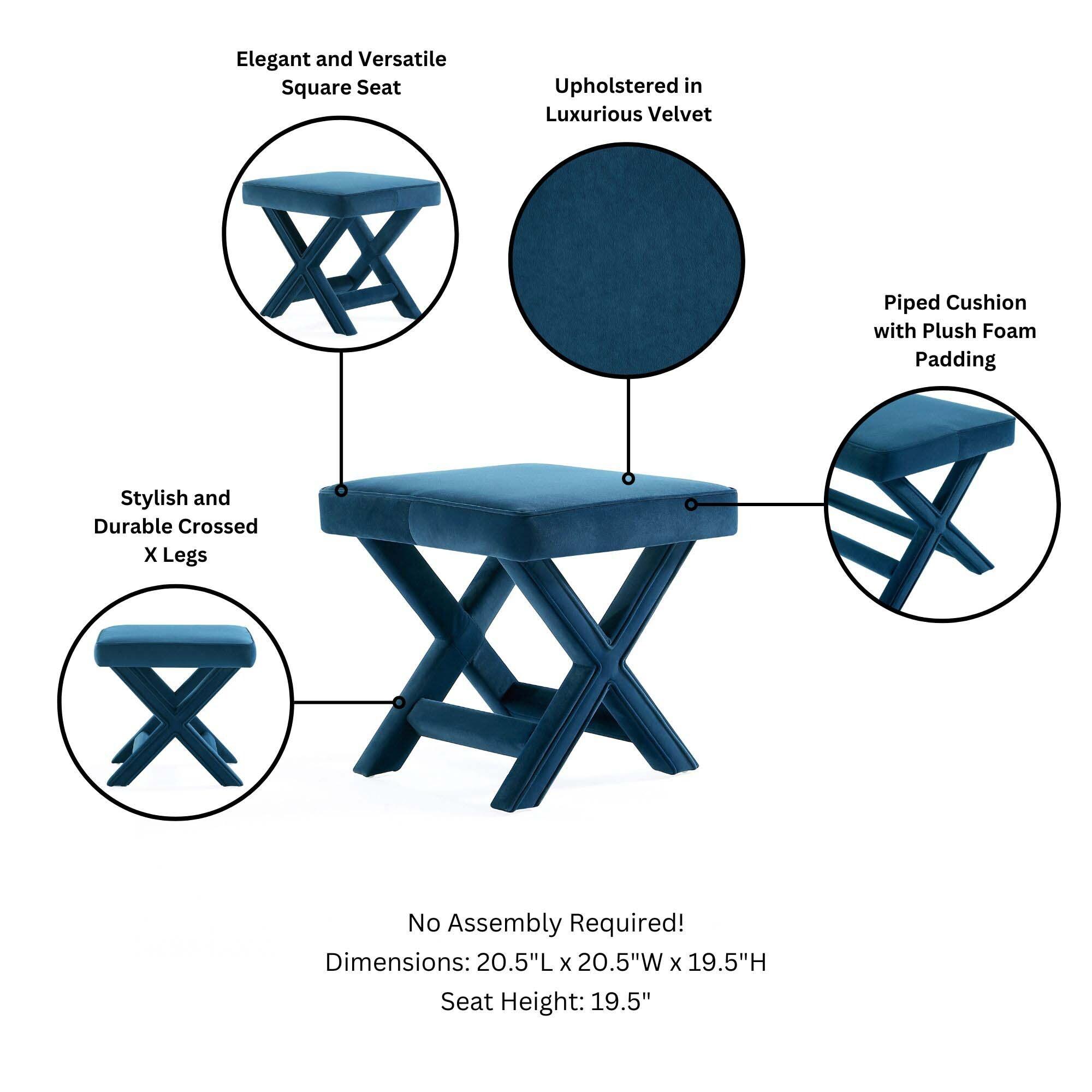 Manhattan Comfort Abigail Velvet Upholstered Ottoman Blue: Square, Padded, Mid-Century Modern, No Assembly Required