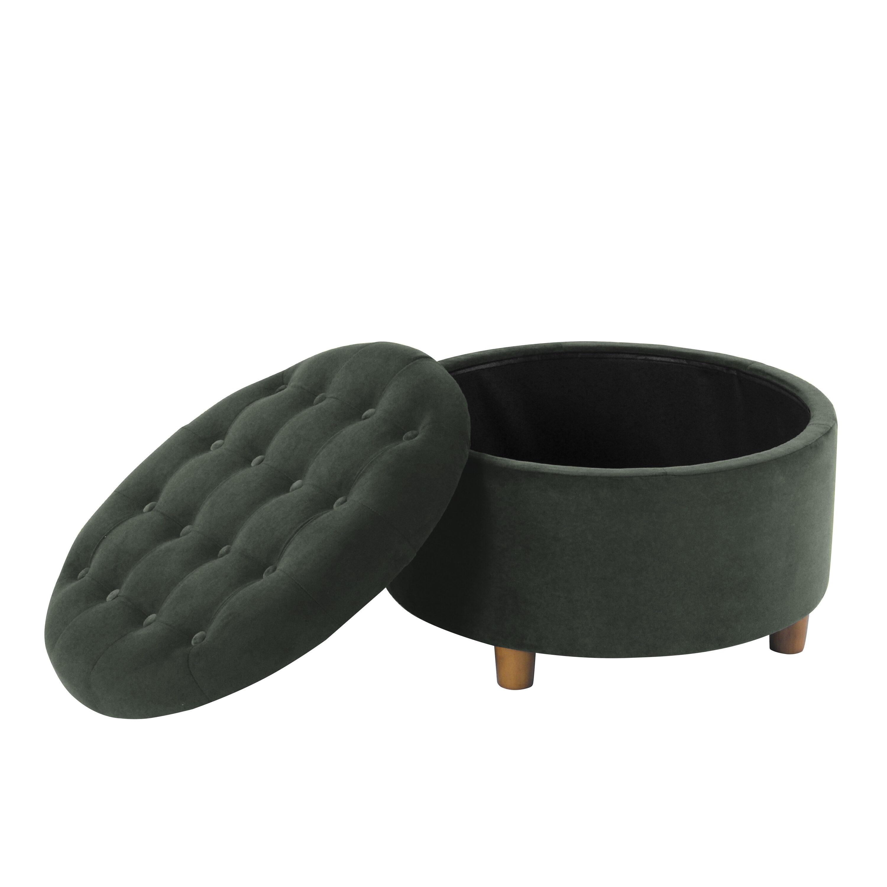 Tufted Round Storage Ottoman Loden Green Velvet - HomePop: Velvet Footstool, Honey Oak Legs, 250lb Capacity